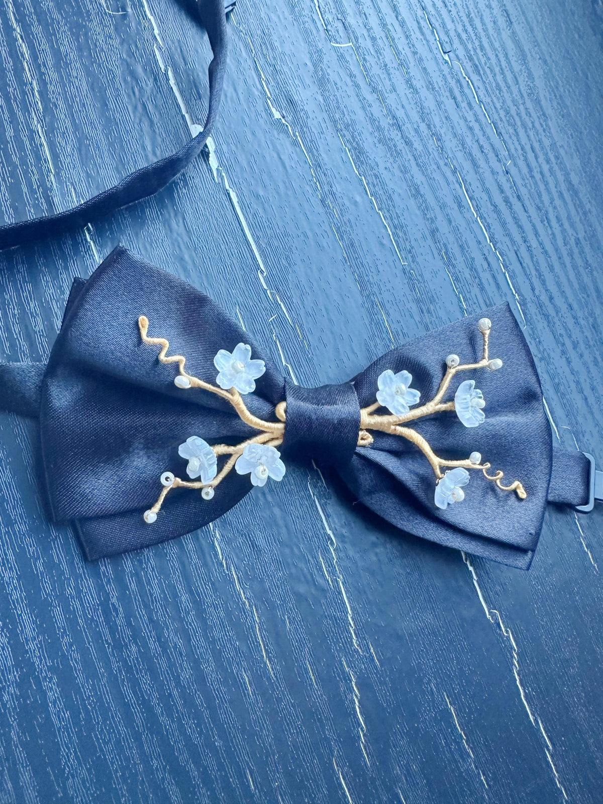 Handmade Bow Tie for women Men,Boys – Black Satin Bow Tie with white color Cherry Blossom Branch – Asian Inspired Wedding Formal Accessory