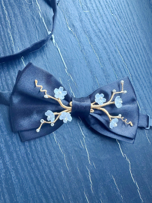 Handmade Bow Tie for women Men,Boys – Black Satin Bow Tie with white color Cherry Blossom Branch – Asian Inspired Wedding Formal Accessory