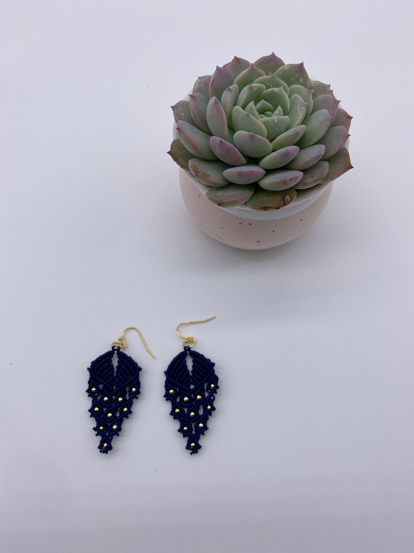 Navy Macrame Dangle Earrings: Bohemian Tribal Jewelry