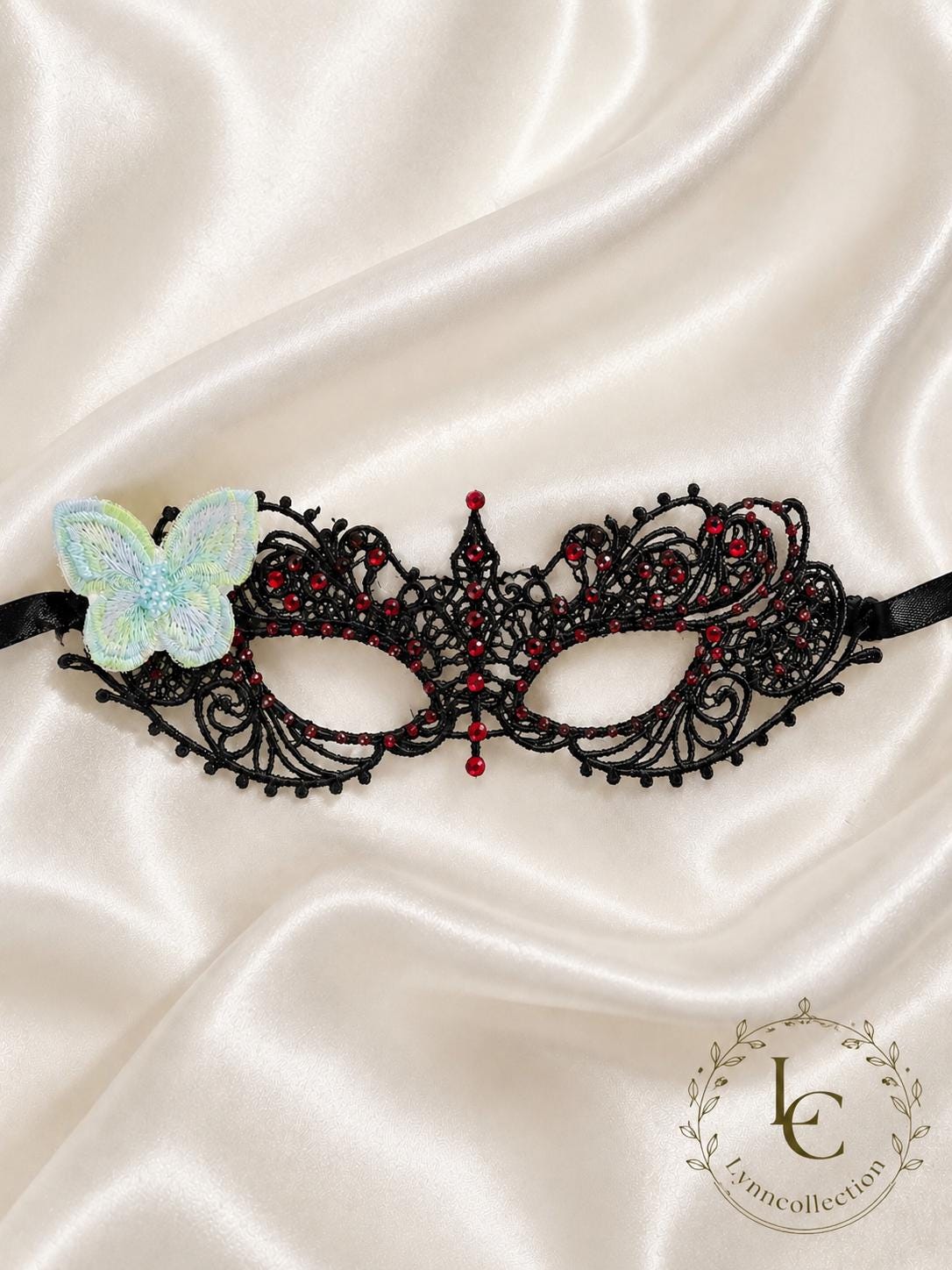Lace Masquerade Mask, Red Rhinestone and Butterfly, Party Costume