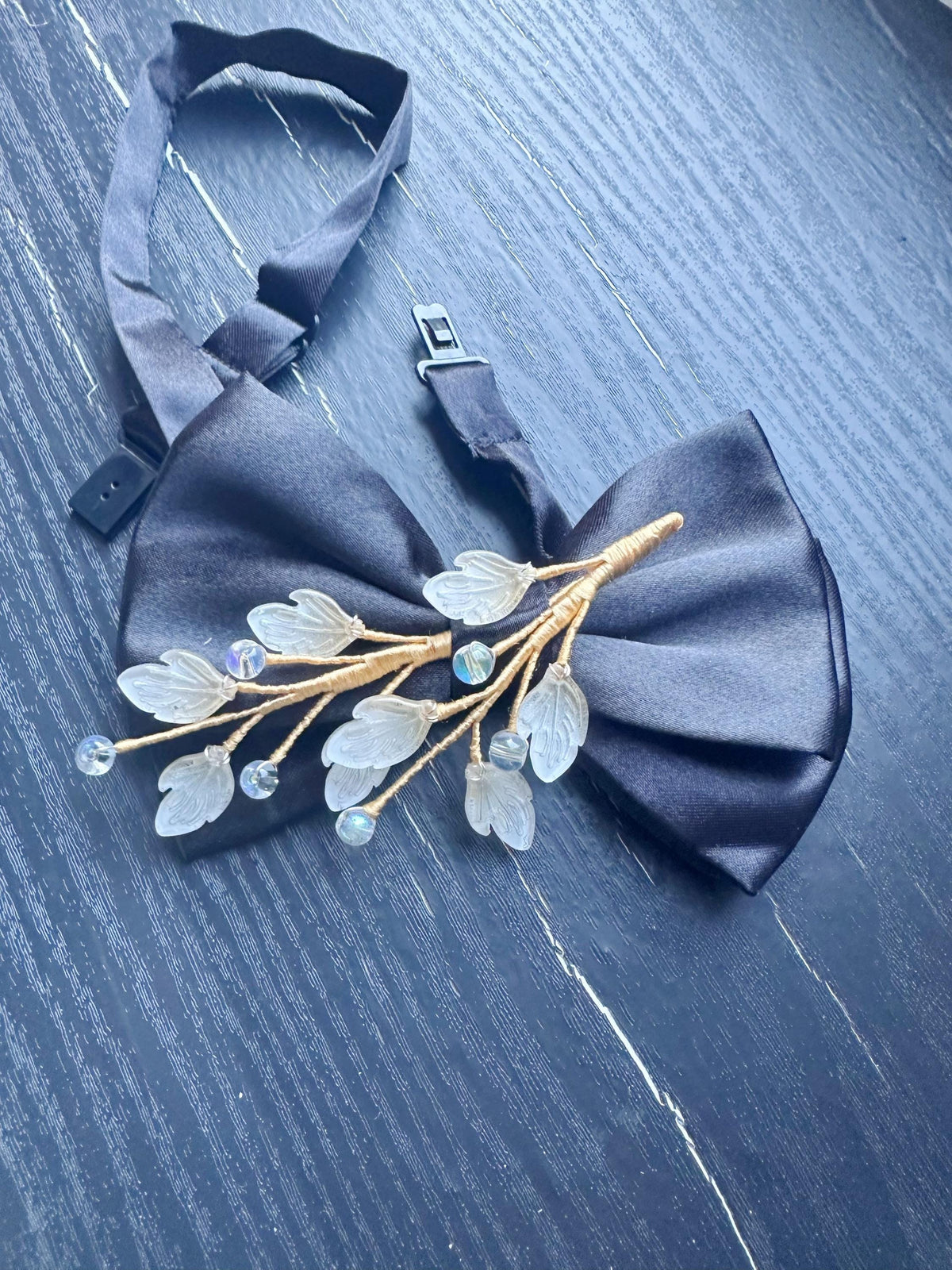 Handmade Bow Tie for women Men,Boys – Black Satin Bow Tie with light yellow leaf Branch – Asian Inspired Wedding Formal Accessory