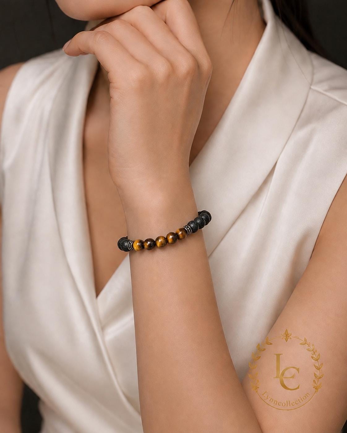Gemstone Bracelet for HIM OR HER. Black Lava Stone & Tiger Eye Bracelet ,Adjustable Natural Gemstone Bracelet