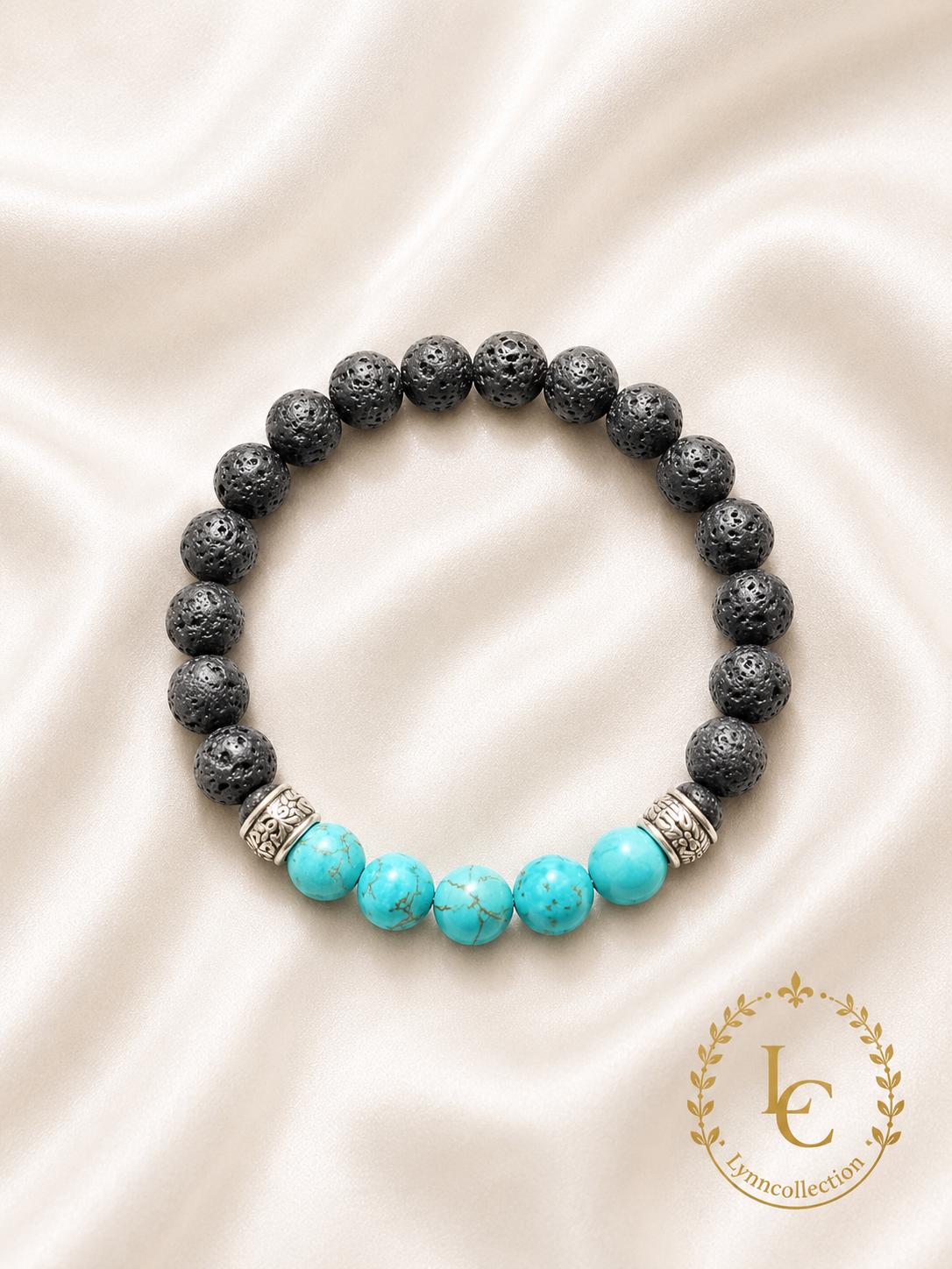 Lava Stone Beaded Bracelet with Turquoise ,Black Volcanic Stone Stretch Bracelet - Gemstone Bracelet for HIM AND HER.