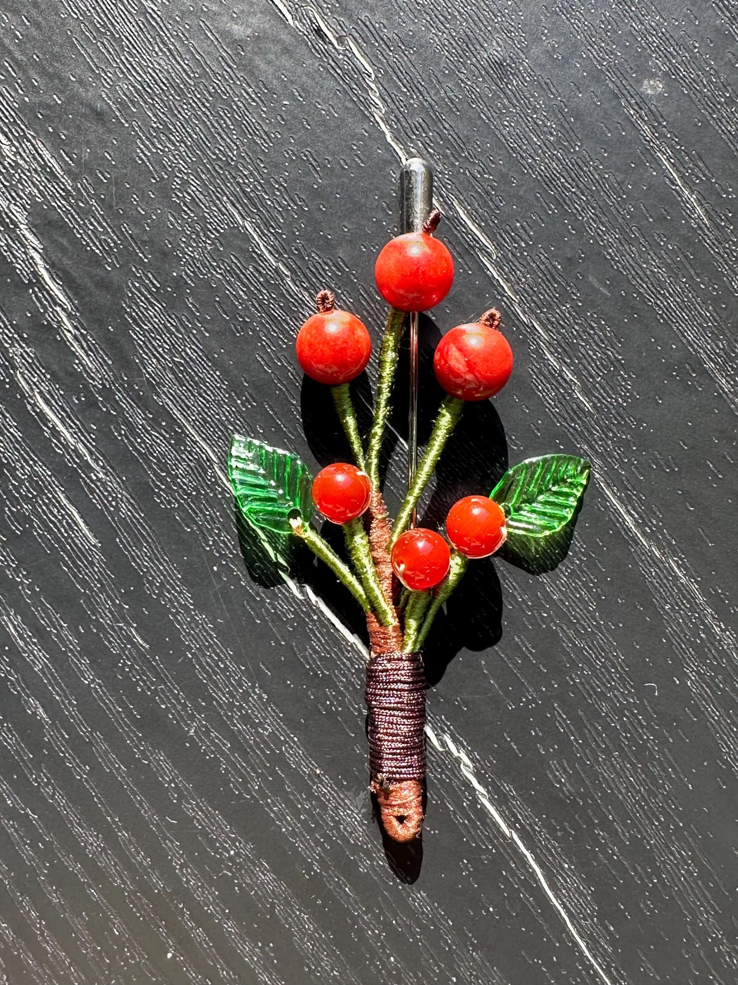 Handmade  brooch, gemstone coral with silk thread