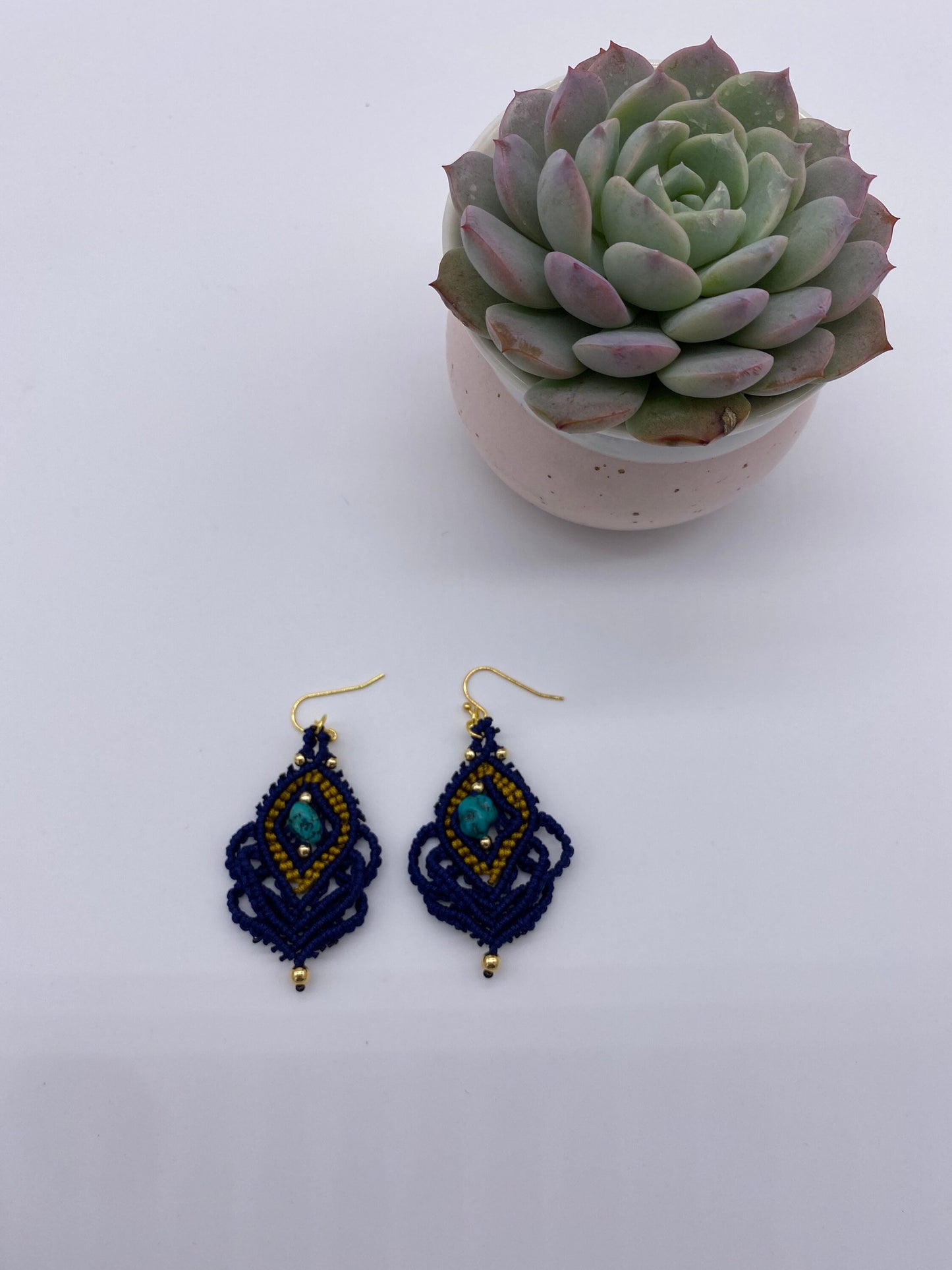 Navy Macrame Earrings: Turquoise Stone, Gold Plated Hooks