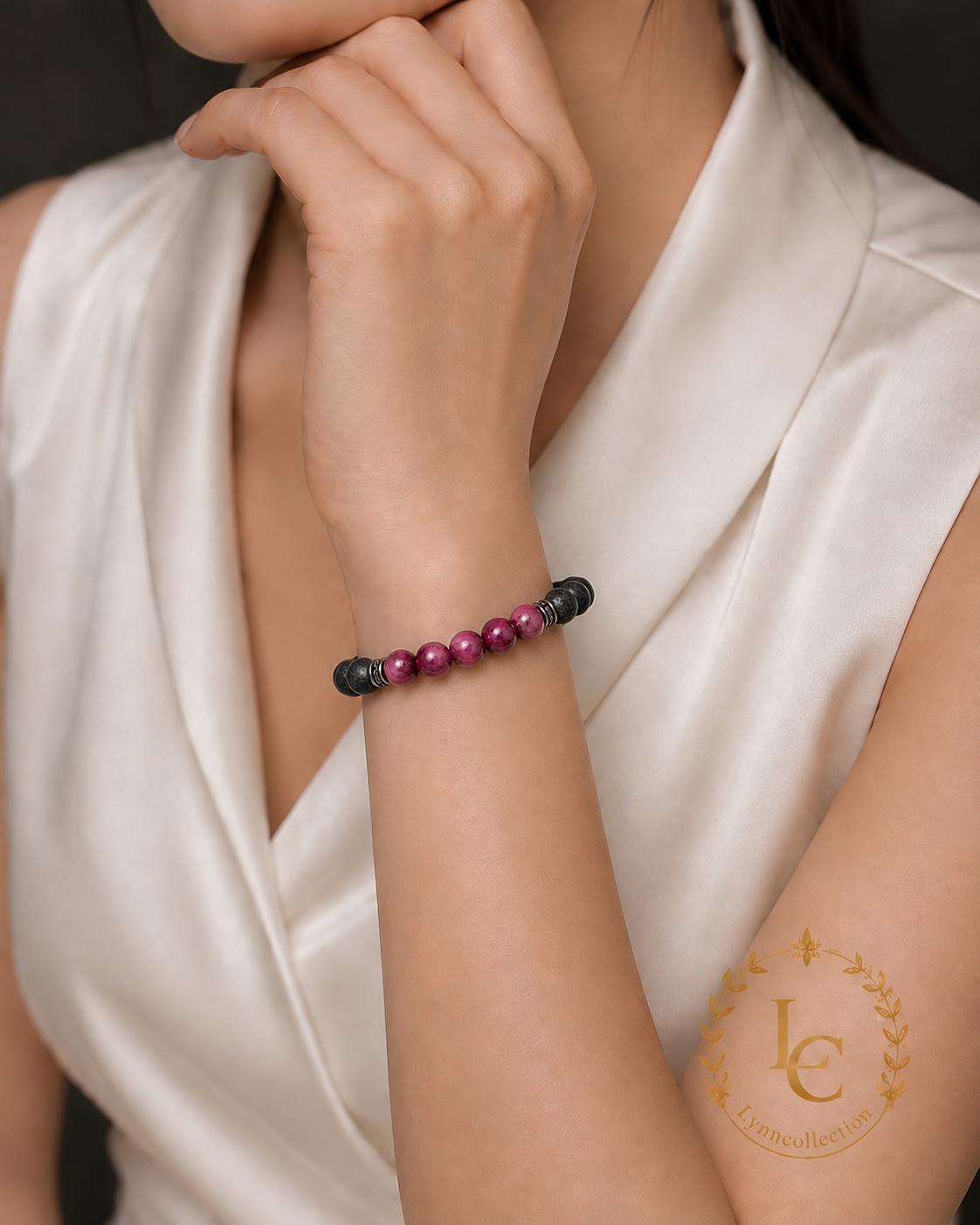 Gemstone Bracelet for HIM OR HER. Black Lava Stone & Purple Tiger Eye Bracelet , Elastic Stretch Cord Gemstone Bracelet
