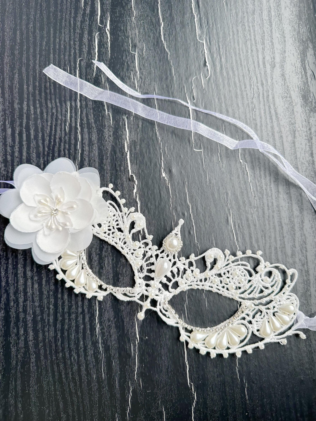 White Lace Masquerade Mask with Resin Beads, Rhinestones, and silk flower