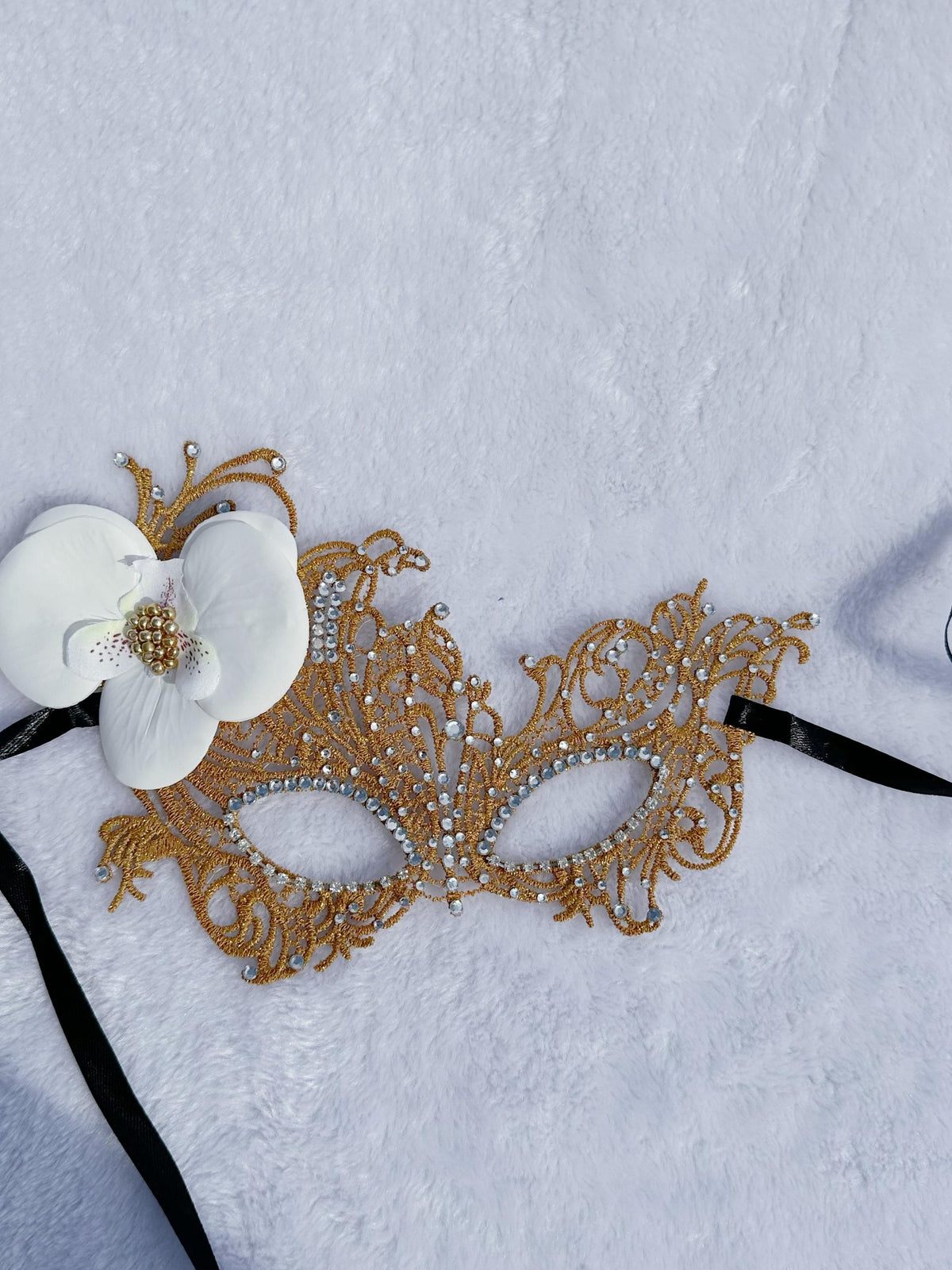 Lace Rhinestone Masquerade Mask, Gold Orchid Flower