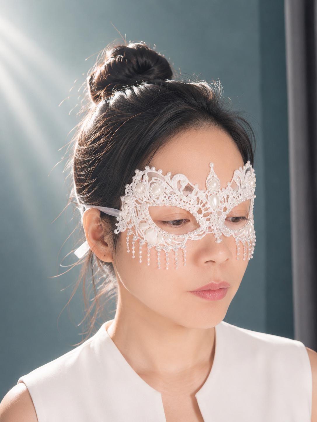 Lace Masquerade Mask, Embroidered Party Mask with white Resin beads and rhinestone, party mask
