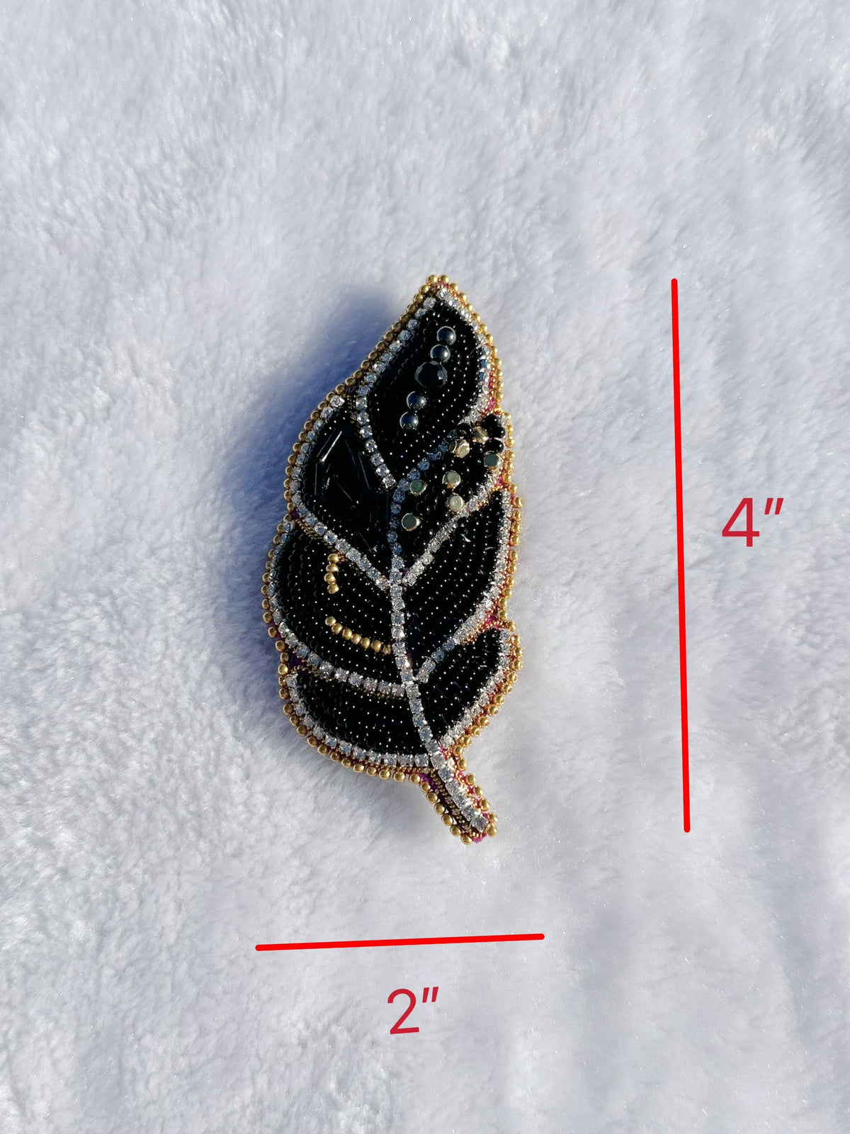 Beaded brooch, black color feather brooch, with seed beads and gemstones bead, size 4” x 2”