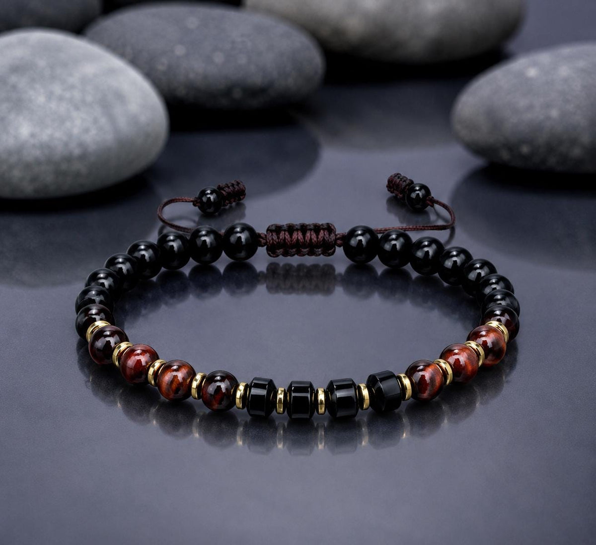 Gemstone Bracelet for HIM OR HER. Made it with Black Agate, 6mm Red Tiger’s eye beads. Adjustable Knotted Cord