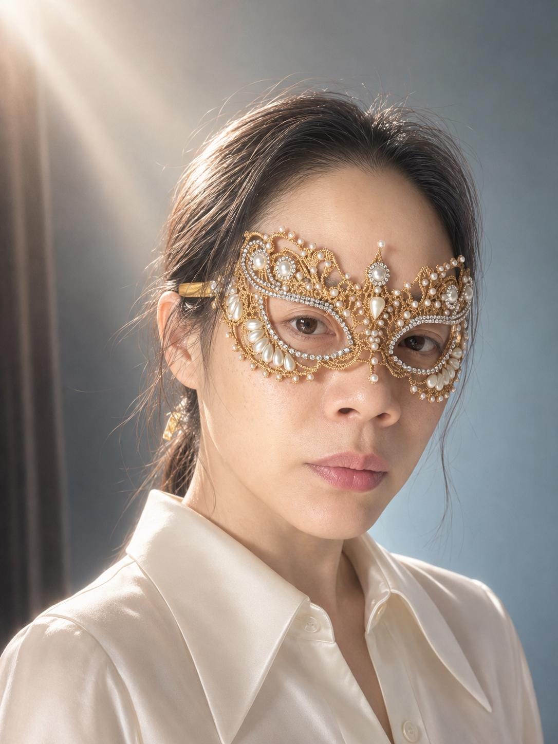 Gold color Lace Masquerade Mask, Embroidered Party Mask with white Resin beads and rhinestone, party mask