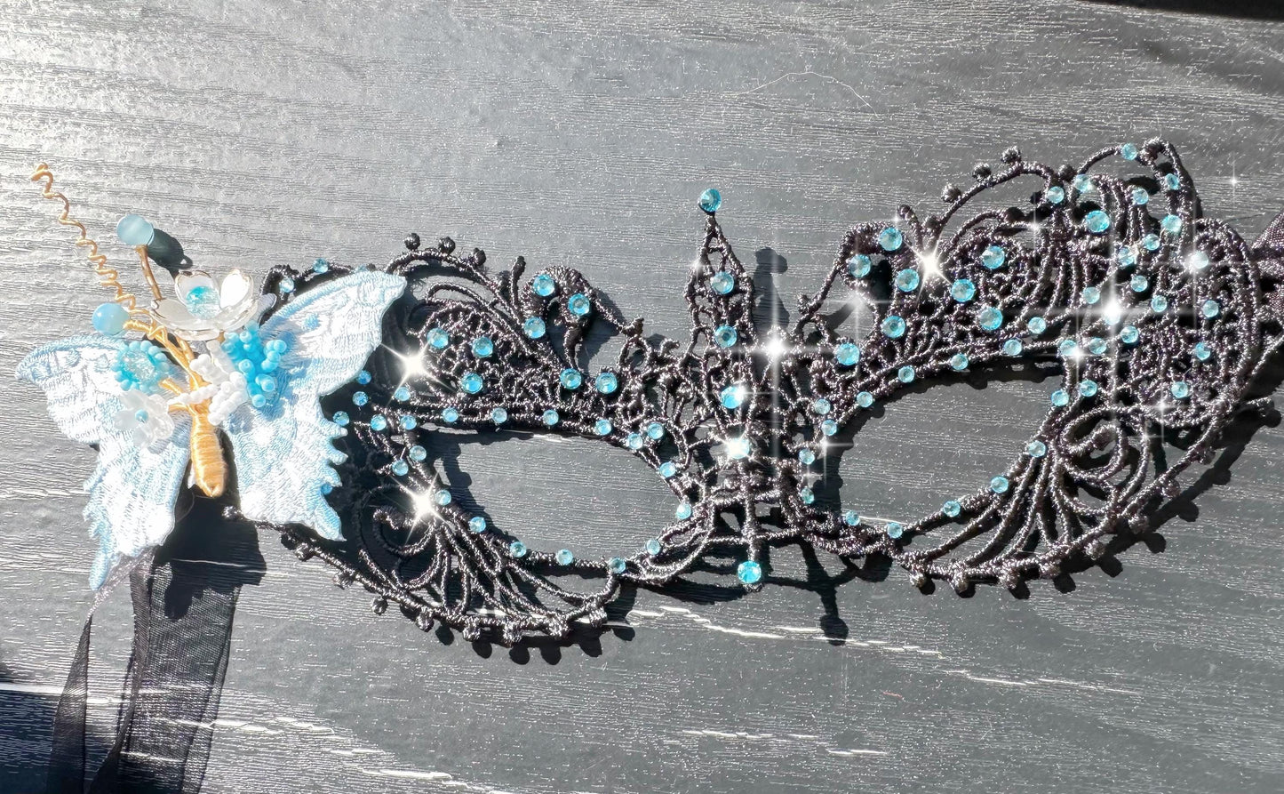 One of a Kind Blue Butterfly Mask, Handmade Black Lace Masquerade Mask, Venetian Eye Mask with Blue color Rhinestones