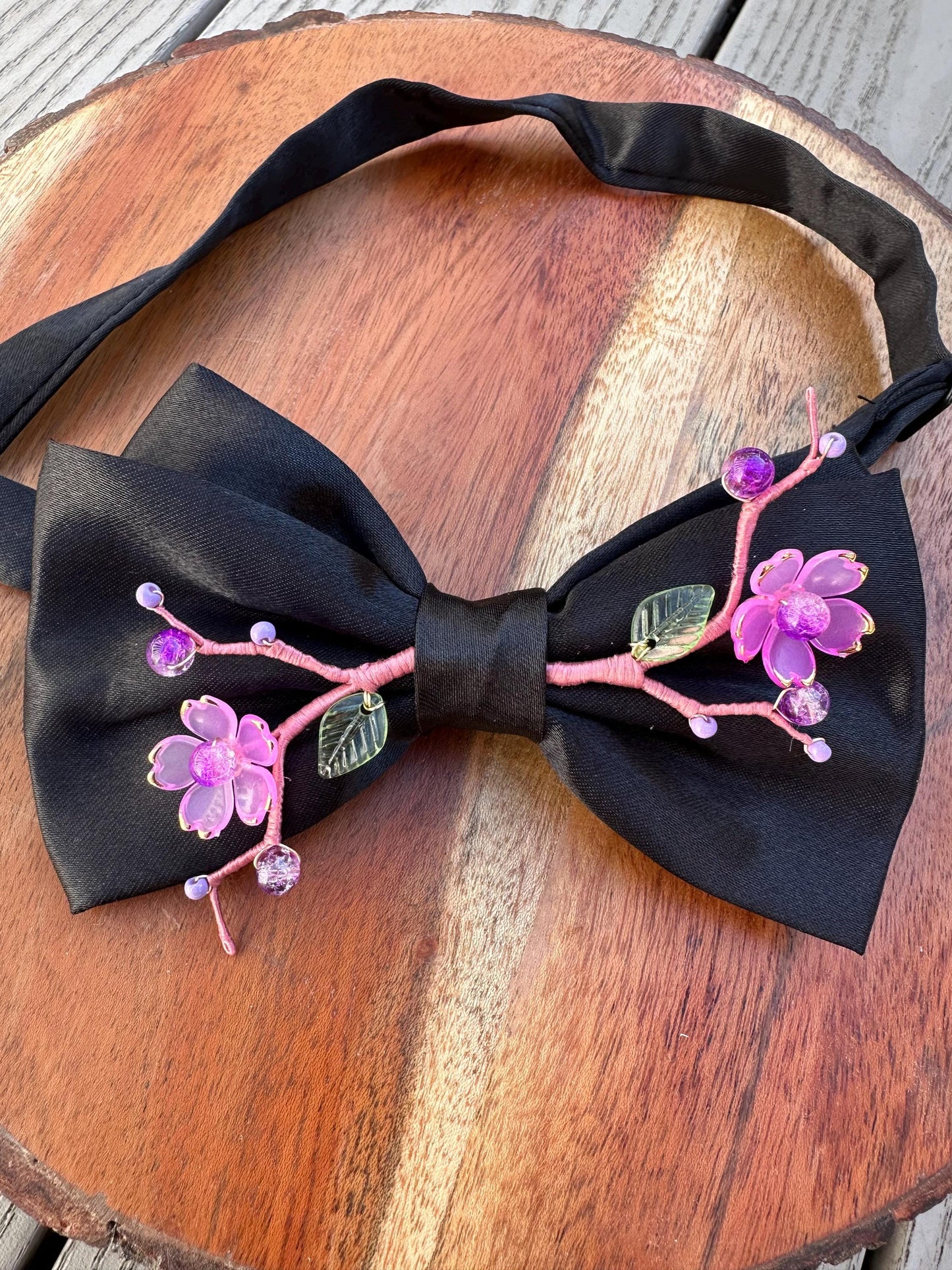 Handmade Bow Tie for women Men,Boys – Black Satin Bow Tie with Pink Cherry Blossom Branch – Asian Inspired Wedding Formal Accessory