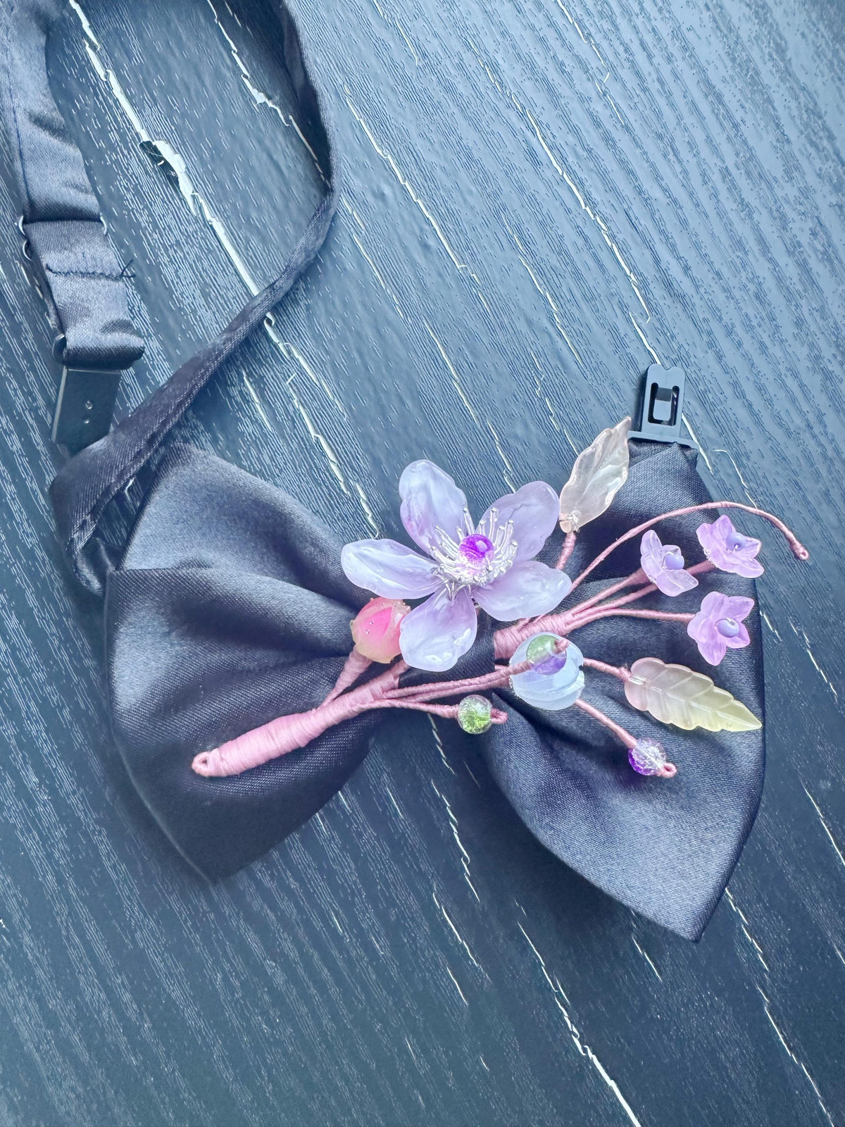 Handmade Bow Tie for women Men,Boys – Black Satin Bow Tie with Purple flower Blossom Branch – Asian Inspired Wedding Formal Accessory