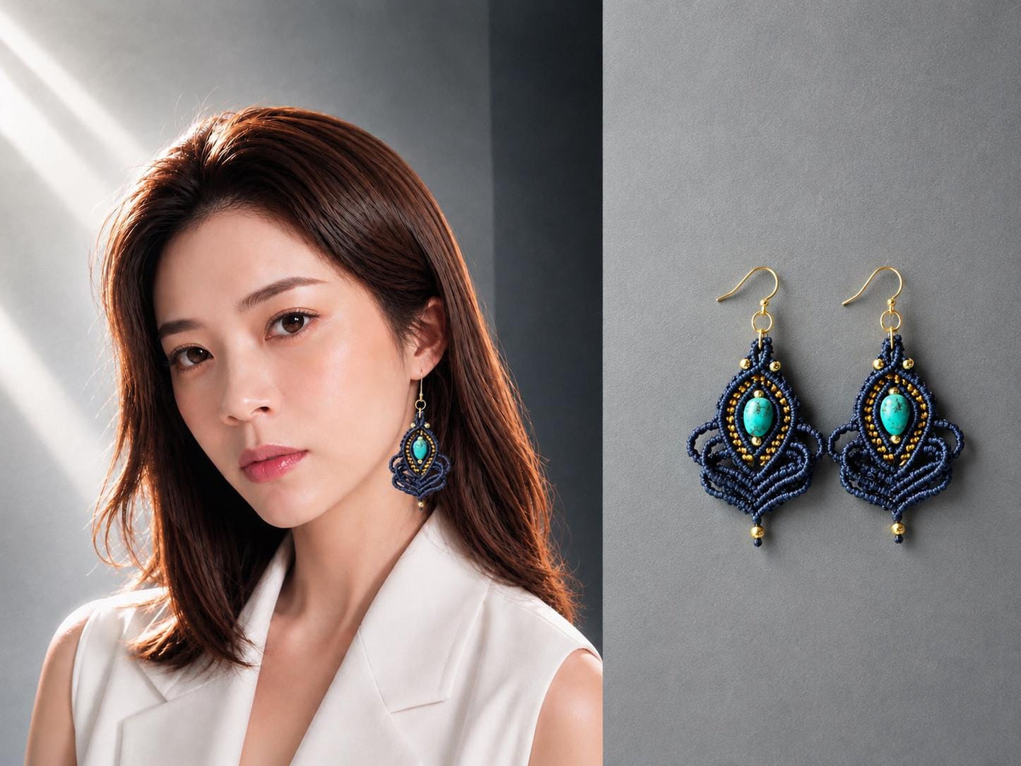 Navy Macrame Earrings: Turquoise Stone, Gold Plated Hooks