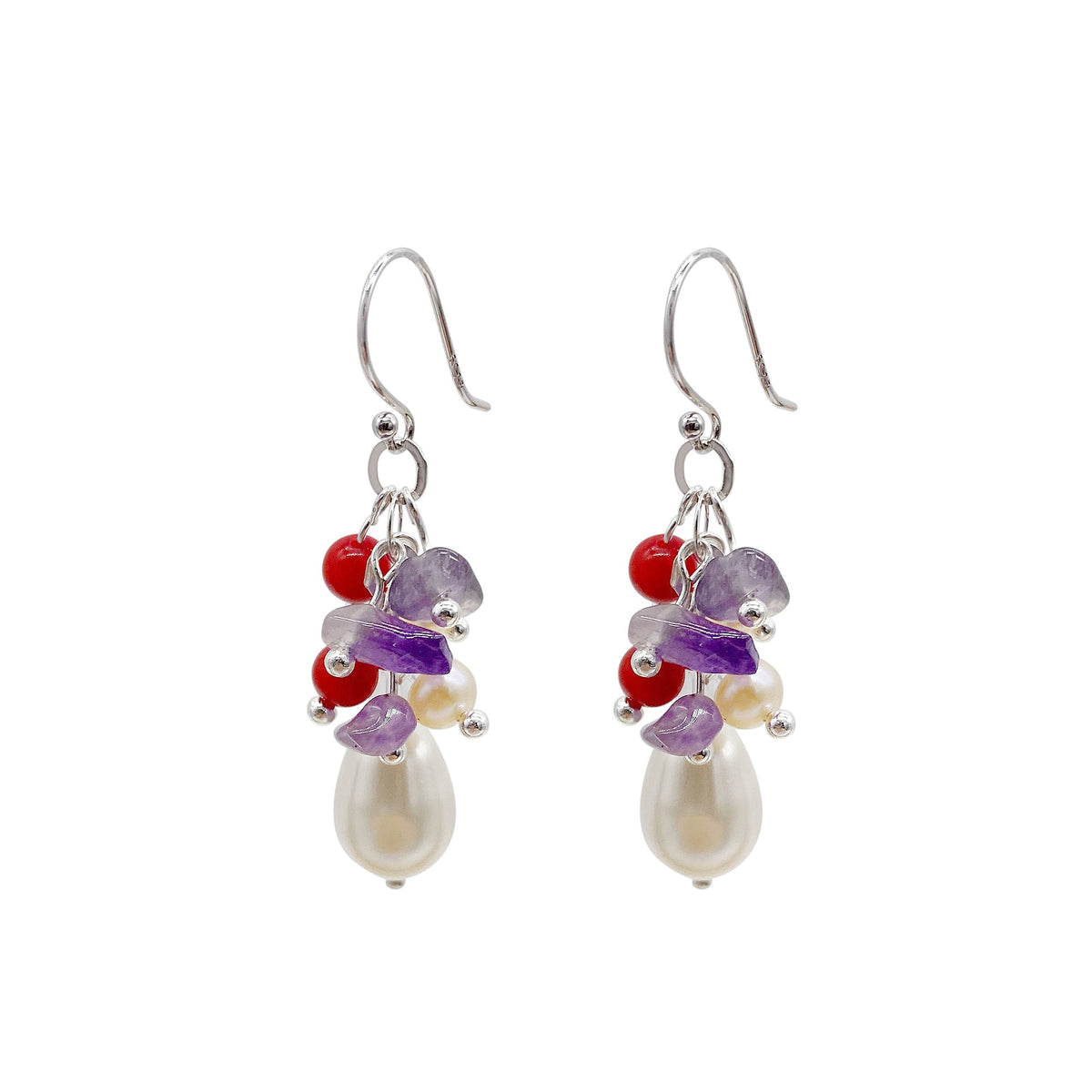Dangle Earrings,  925 Sterling Silver  Hook with Swarovski pearls and red coral, Amethyst