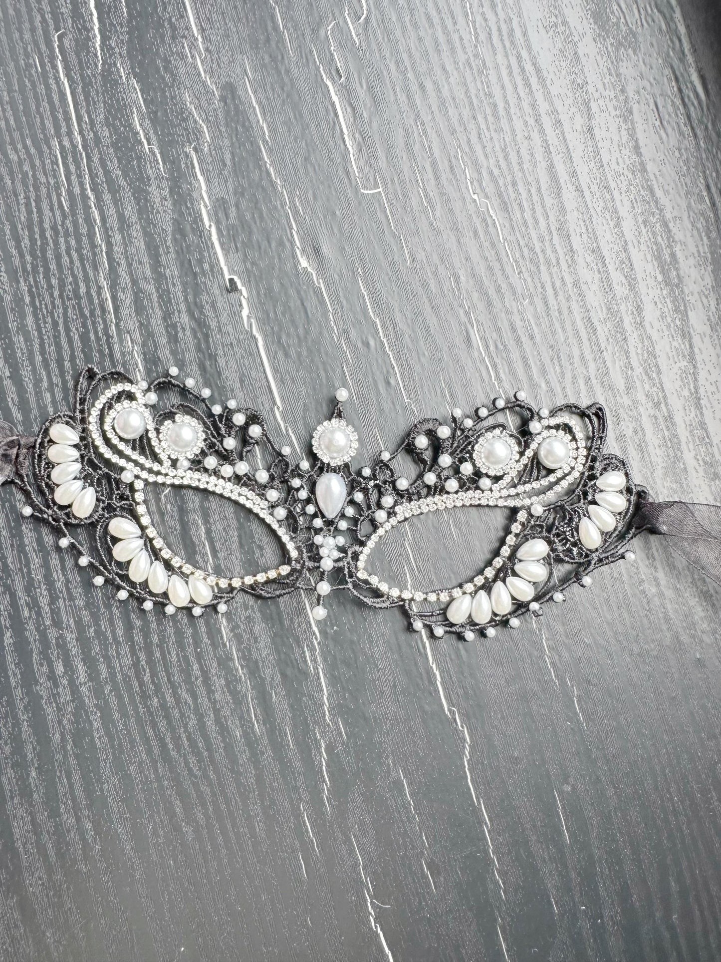 Black color Lace Masquerade Mask, Embroidered Party Mask with white Resin beads and rhinestone, party mask