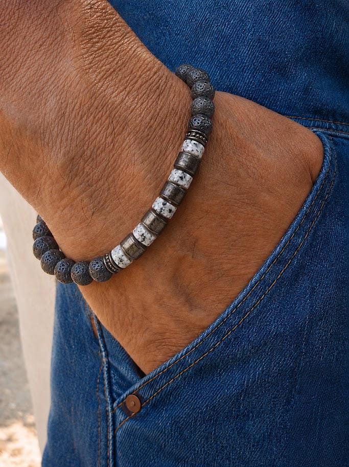 Lava Stone Beaded Bracelet for Men and Women – Black Larvikite,  Lava Stone, Natural Ebony Wood, Beads Size: 6mm, Adjustable Length