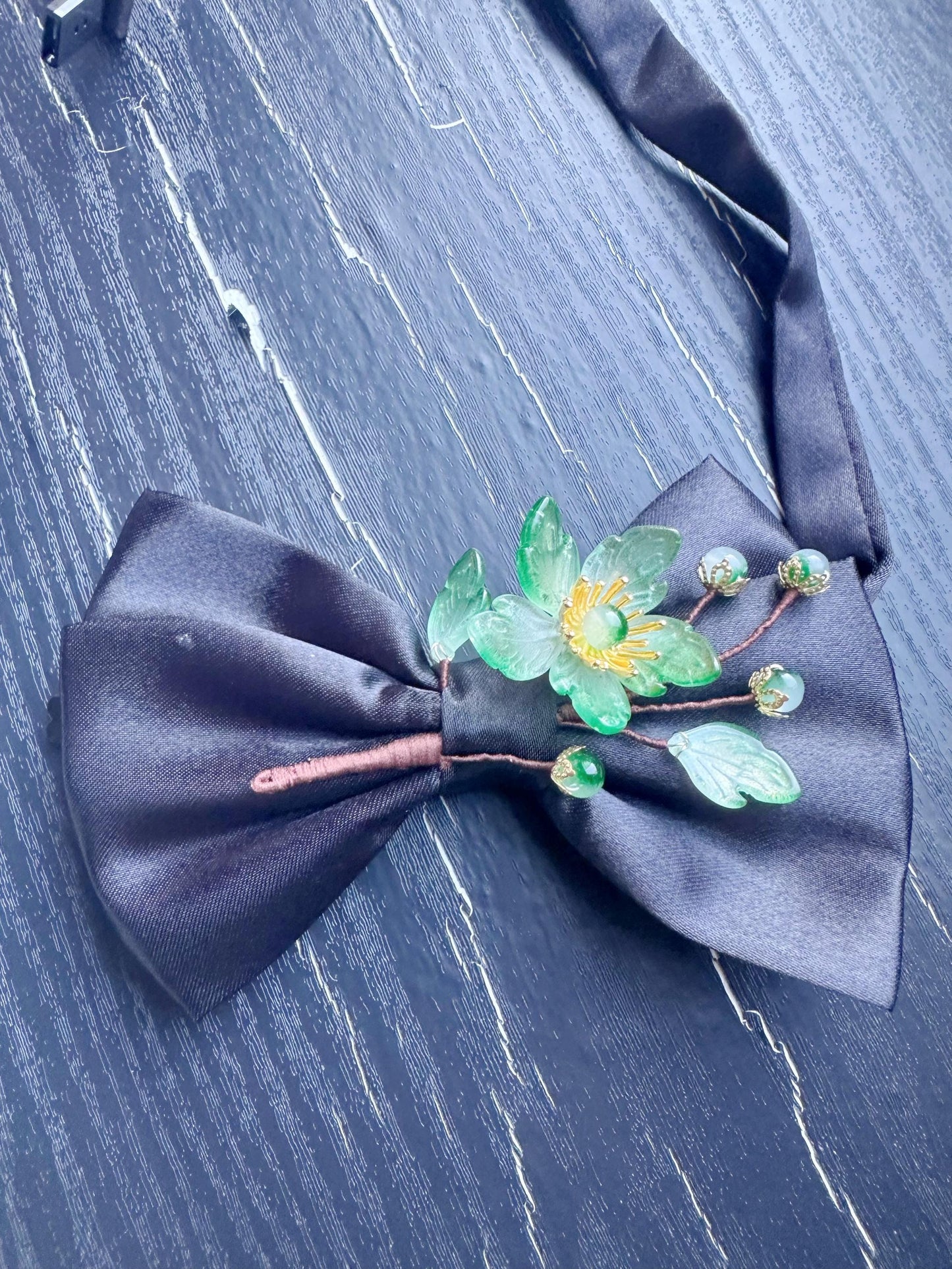 Handmade Bow Tie for women Men,Boys – Black Satin Bow Tie with green Color flower Blossom Branch – Asian Inspired Wedding Formal Accessory