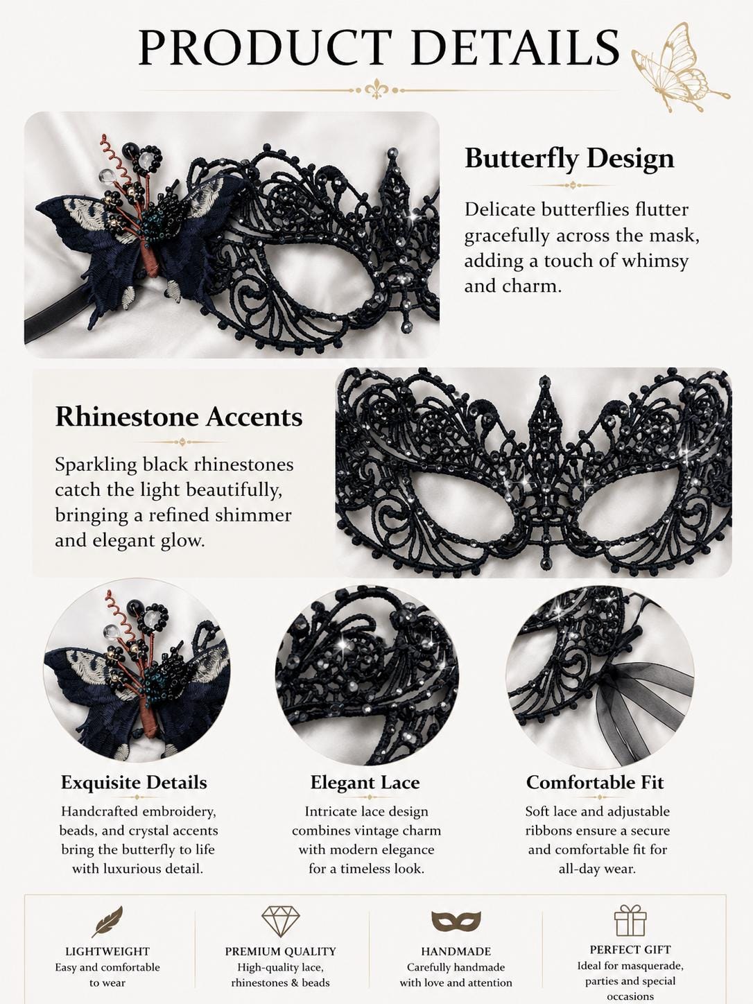 One of a Kind Black Color Butterfly Mask, Handmade Black Lace Masquerade Mask, Venetian Eye Mask with Crystal Rhinestones
