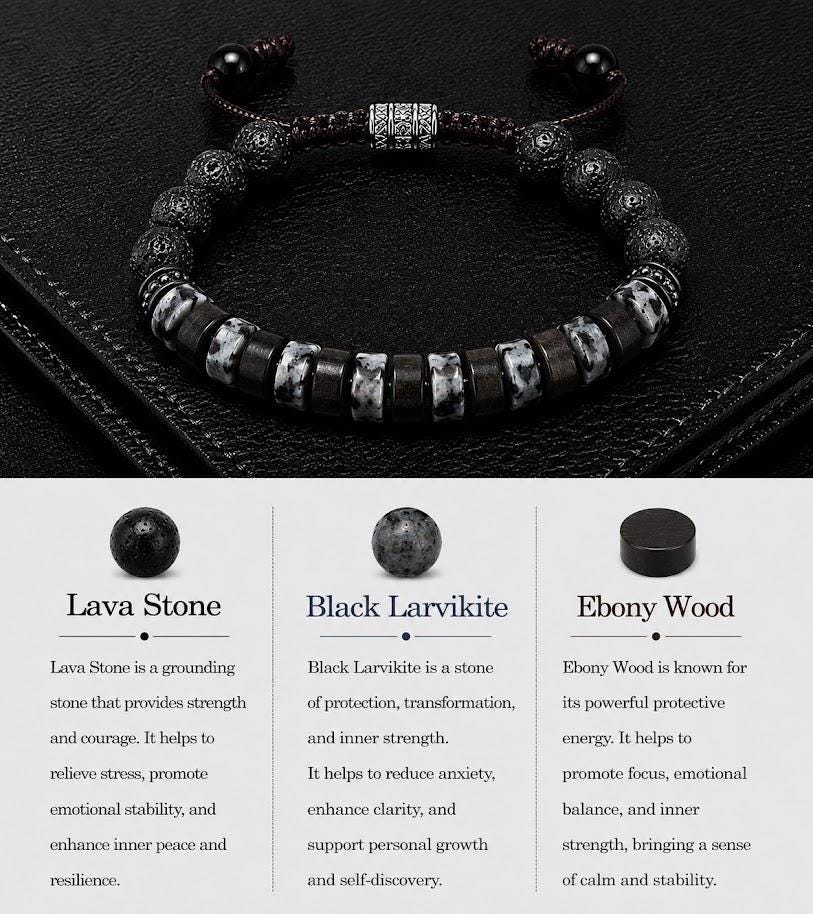 Lava Stone Beaded Bracelet for Men and Women – Black Larvikite,  Lava Stone, Natural Ebony Wood, Beads Size: 6mm, Adjustable Length
