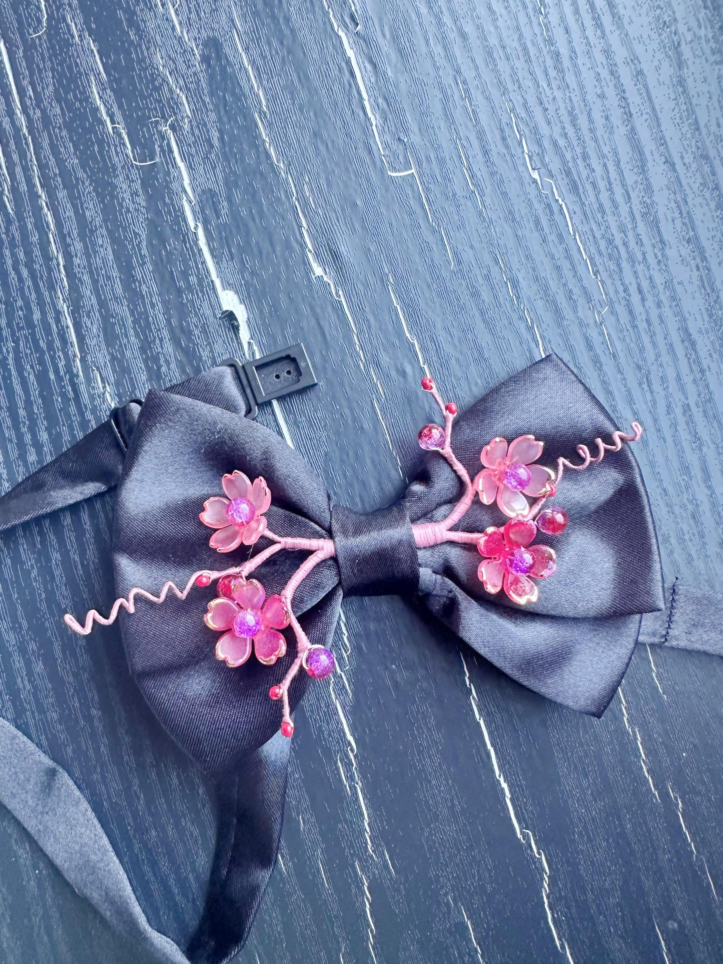Handmade Bow Tie for women Men,Boys – Black Satin Bow Tie with red color Cherry Blossom Branch – Asian Inspired Wedding Formal Accessory