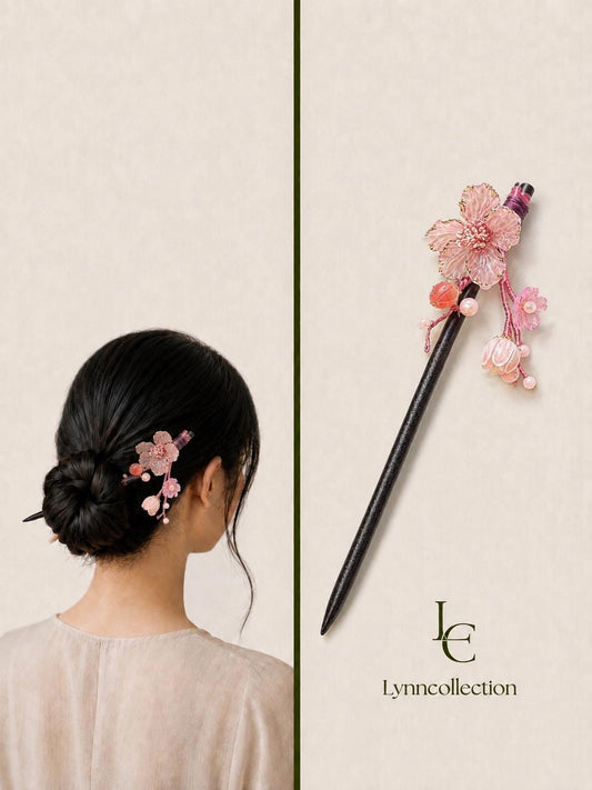 Vintage Hair Stick, Pink color flower Hairpin, Ancient Style Costume Handmade Wooden Hair Accessory