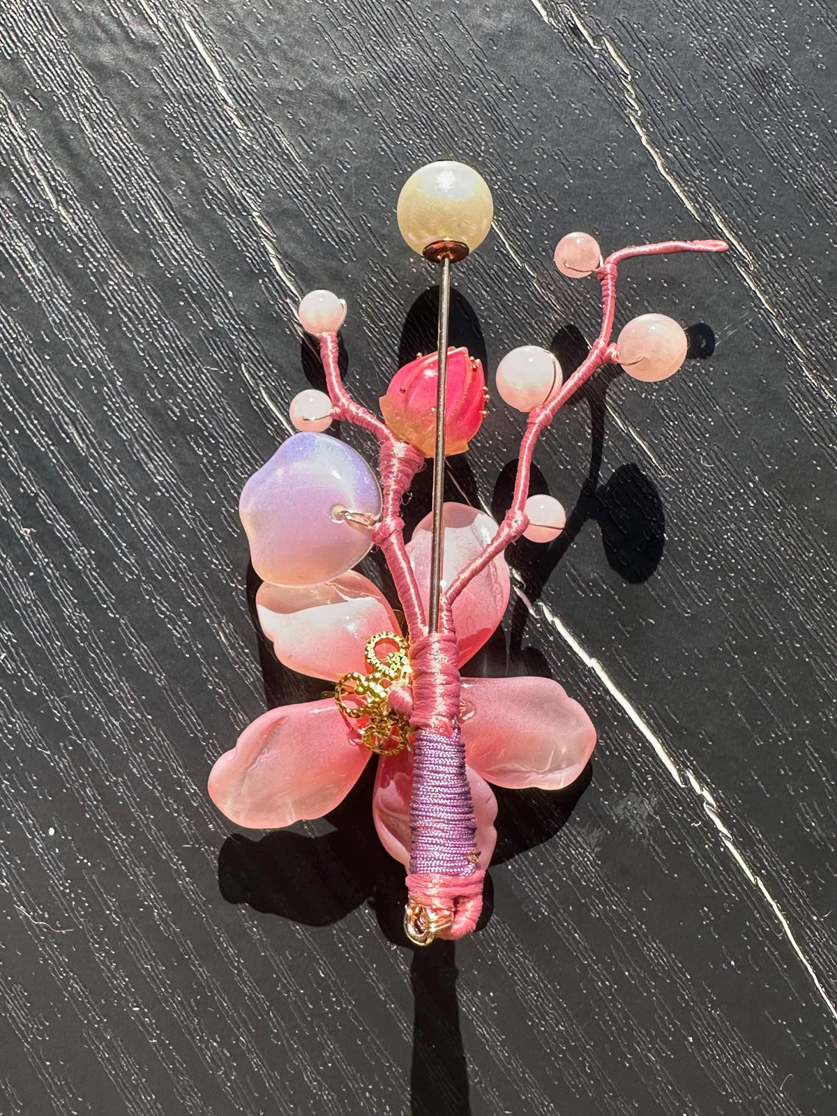 Handmade  brooch, pink color acrylic beads and gemstone beads with silk thread