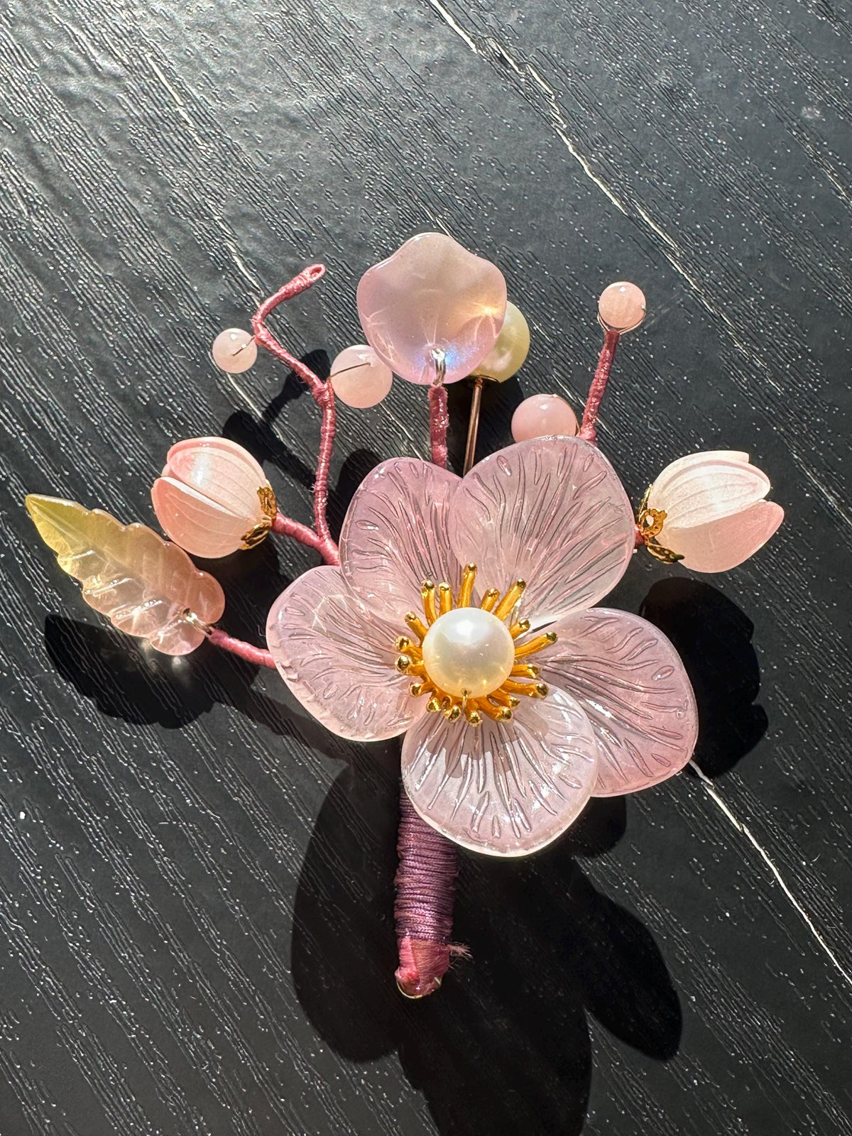 Handmade  brooch, pink color acrylic beads and gemstone beads with silk thread