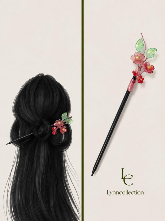 Vintage Hair Stick, Red color flower Hairpin, Ancient Style Costume Handmade Wooden Hair Accessory