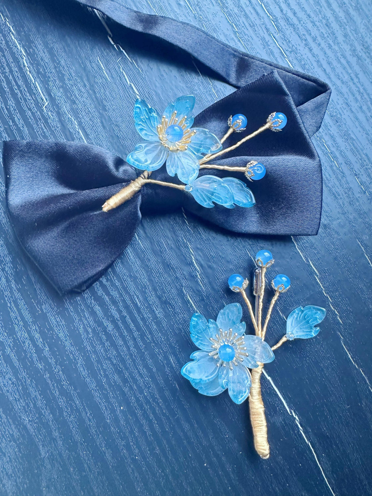 Bow Tie and brooch set for Women, Men,Boys – Black Satin Bow Tie blue color flowers Blossom Branch