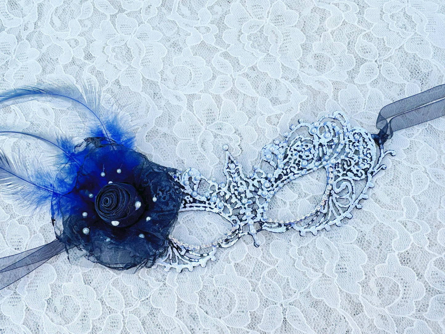 Rainbow color Masquerade Mask with silk flower and white color Resin Pearls , Women's Masquerade Mask, Masquerade Ball Masks, Lace Mask