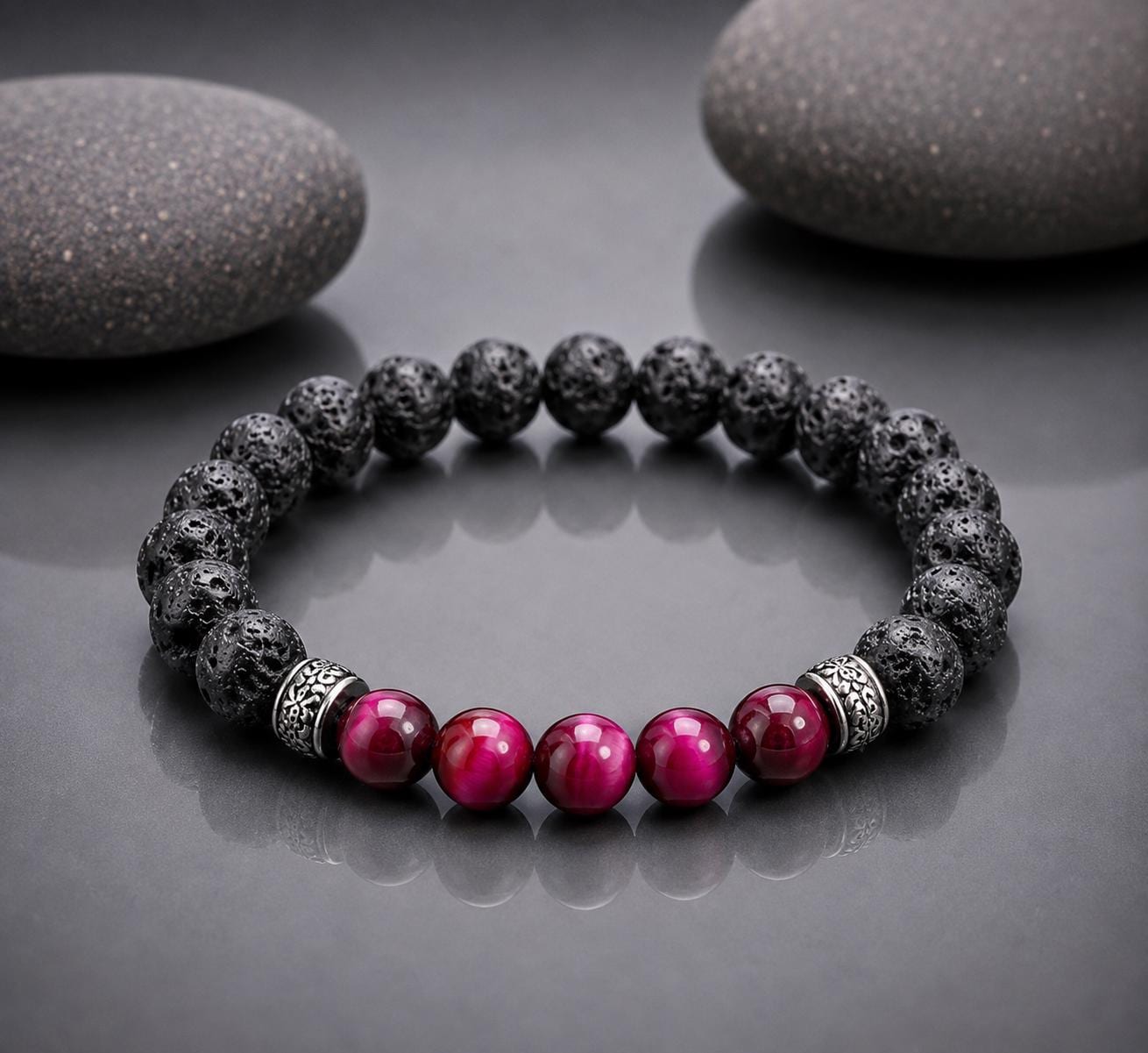 Gemstone Bracelet For Him And her: Lava stone, rose tiger eye, and tibetan Silver spacer beads.