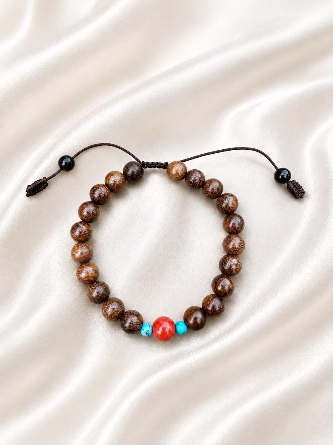 Handmade Bracelet for HIM AND HER. Made it with 8mm sandalwood and red coral, 4mm turquoise. Adjustable Knotted cord