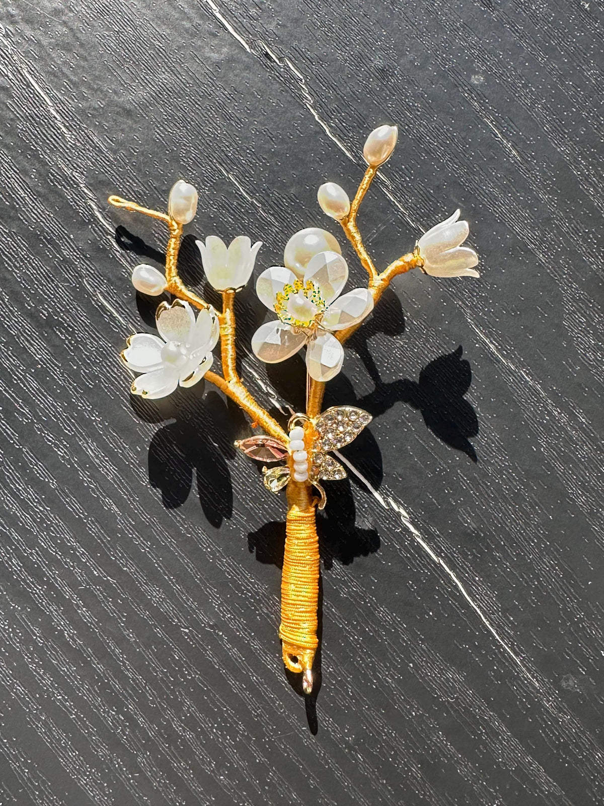 Handmade  brooch,  white color acrylic beads and freshwater pearls with gold color silk thread