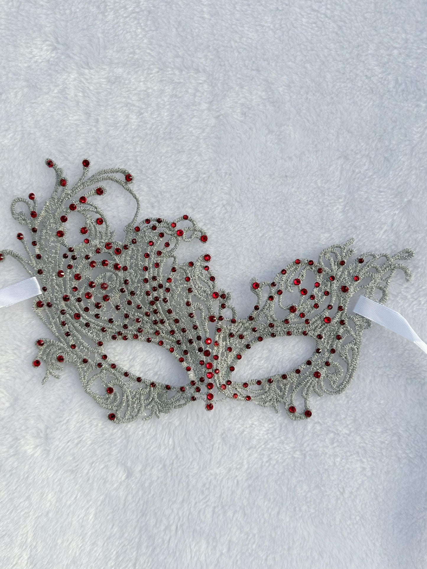 Lace Masquerade Mask: Red Rhinestones, Embroidery, Elastic Ribbon
