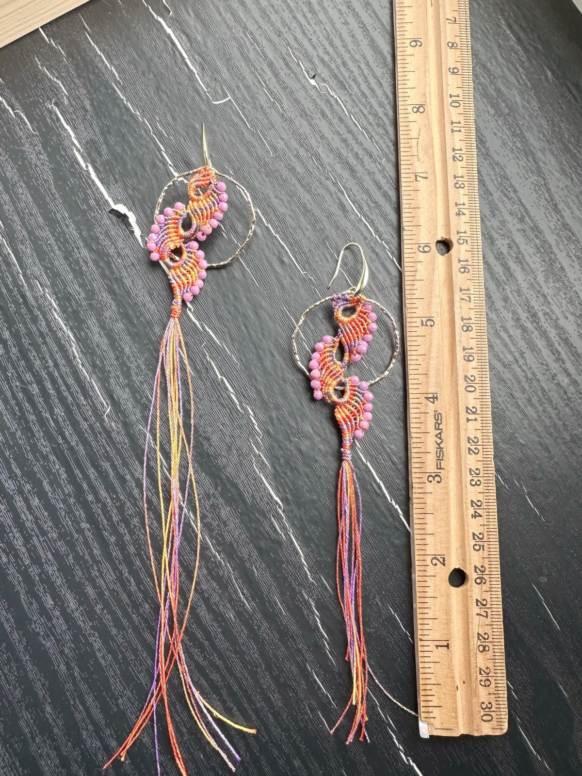 Handmade Macrame Earrings, Peacock Tail, Phosphosiderite Beads, Gold Plated Hooks