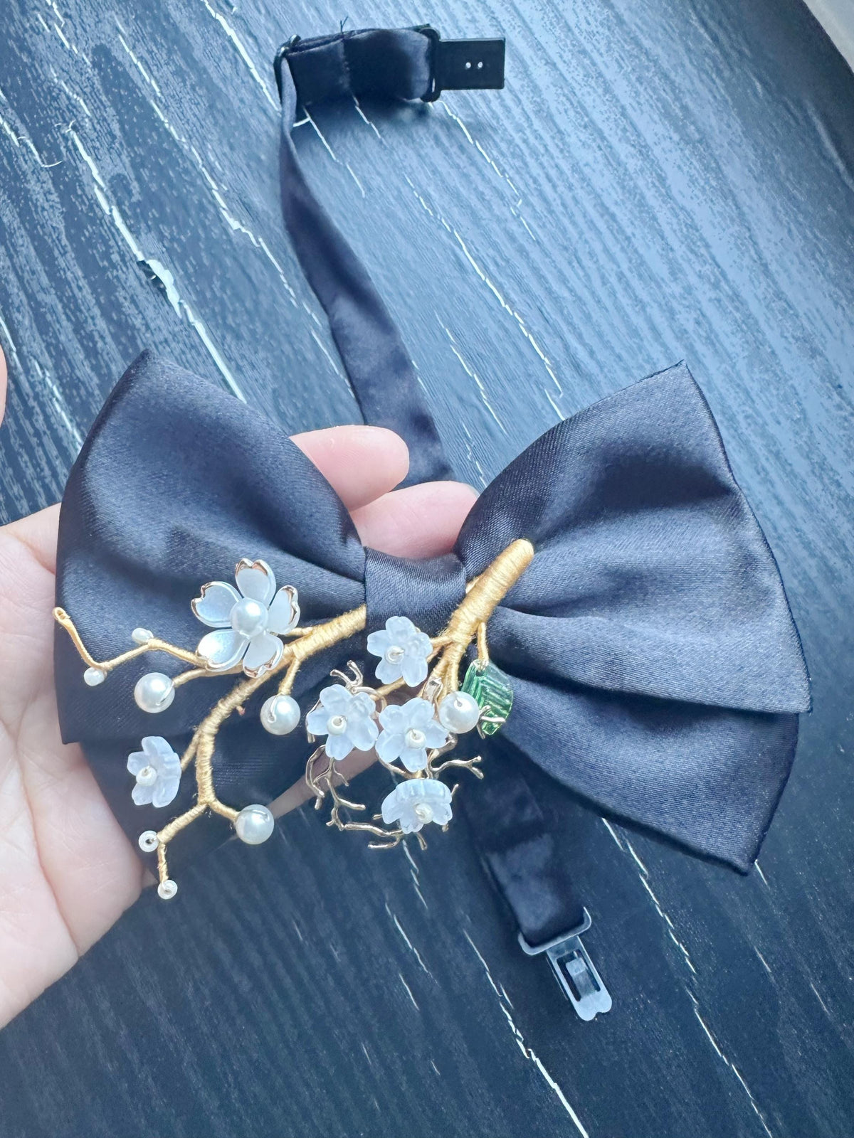 Handmade Bow Tie for women Men,Boys – Black Satin Bow Tie with white color Cherry Blossom Branch – Asian Inspired Wedding Formal Accessory