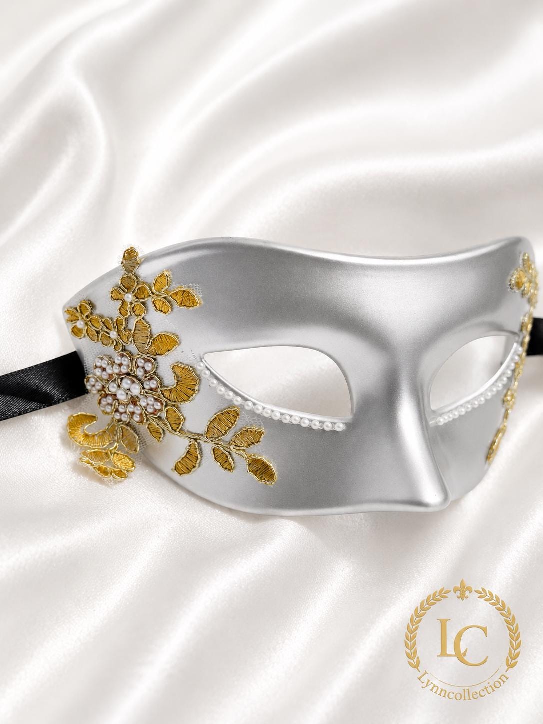 Gray Venetian Masquerade Mask: Gold Lace Mardi Gras Ball Mask