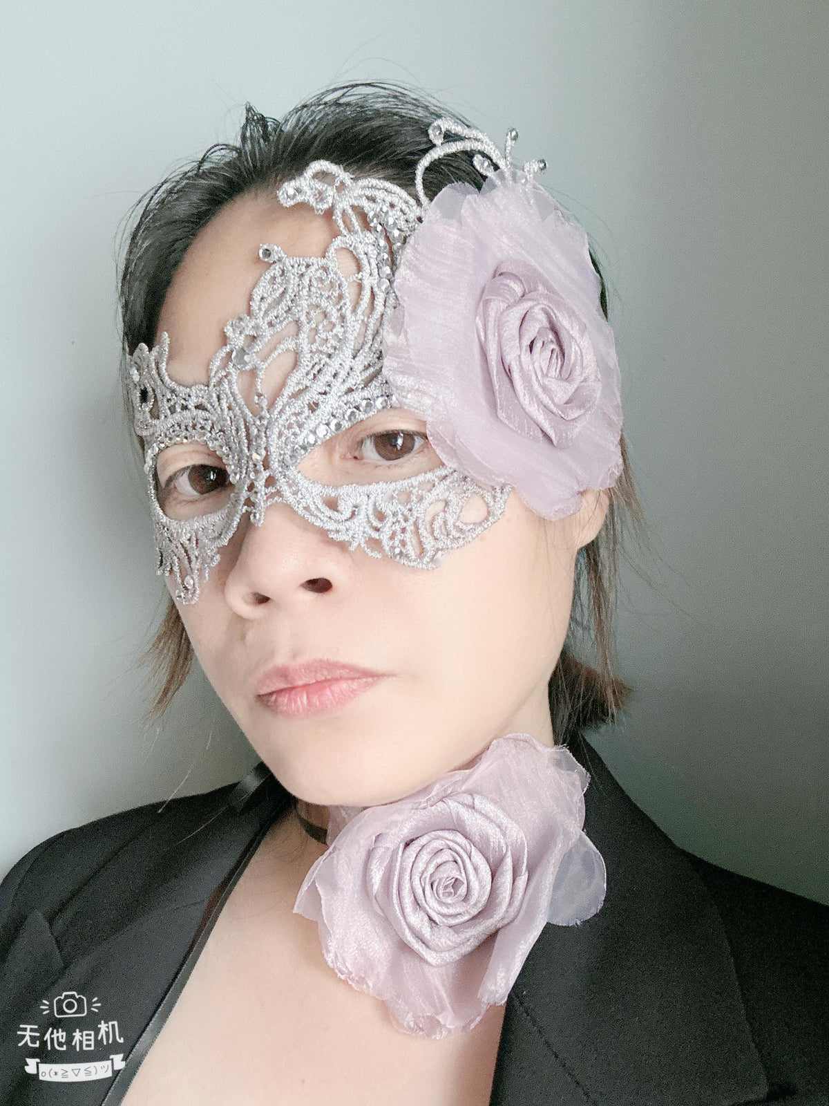 Gray color Masquerade Mask with light purple color fabric flower, and silk flower choker, Halloween mask ( price includes mask and choker