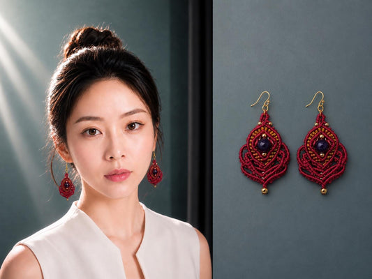 Red Macrame Dangle Earrings: Bohemian Tribal Jewelry