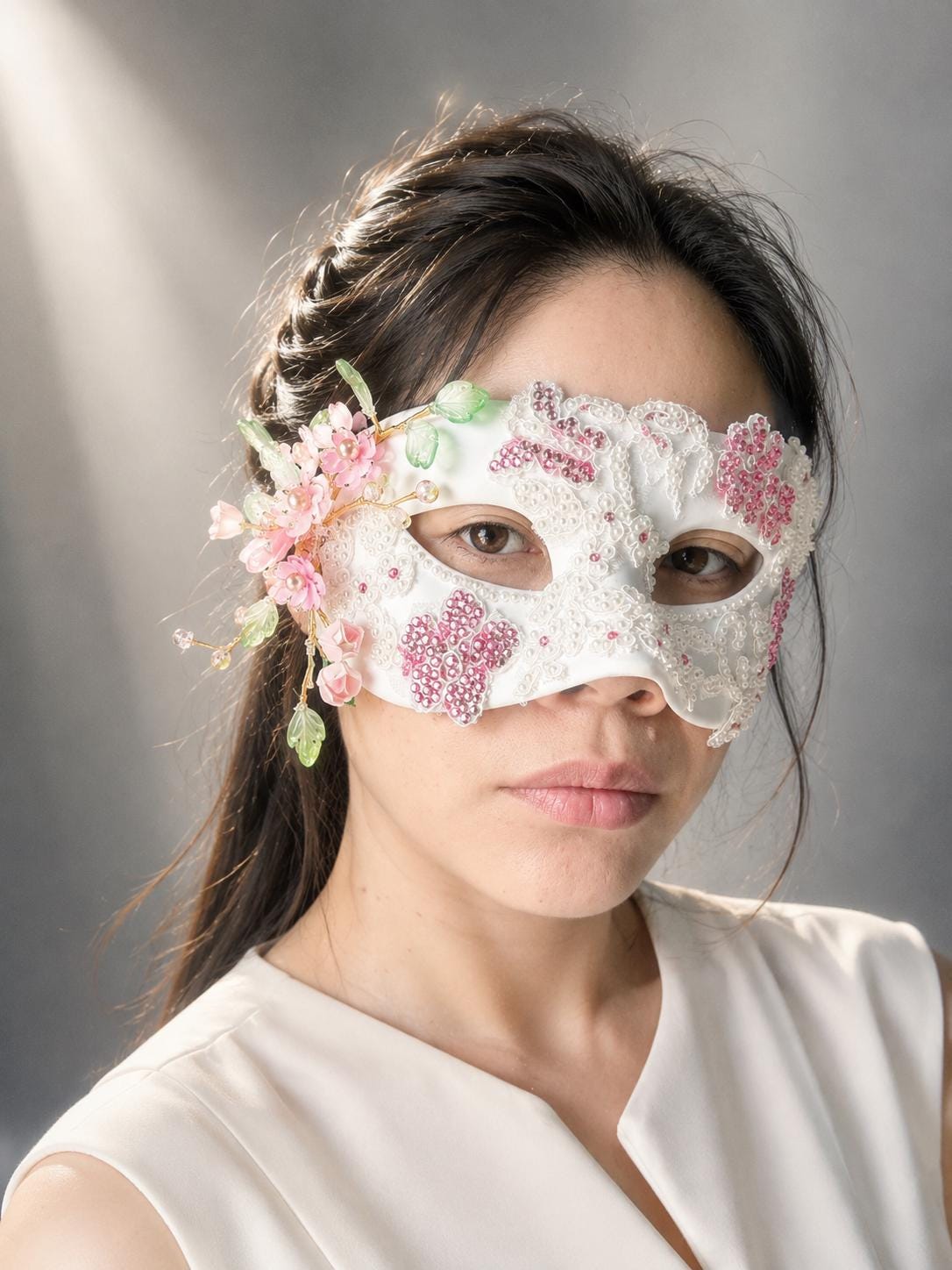 White Venetian Mask,size: (3.15"x7") Handmade White Venetian Mask – Pearl Floral Masquerade Mask, Elegant Costume Mask, Fairy-core, Party