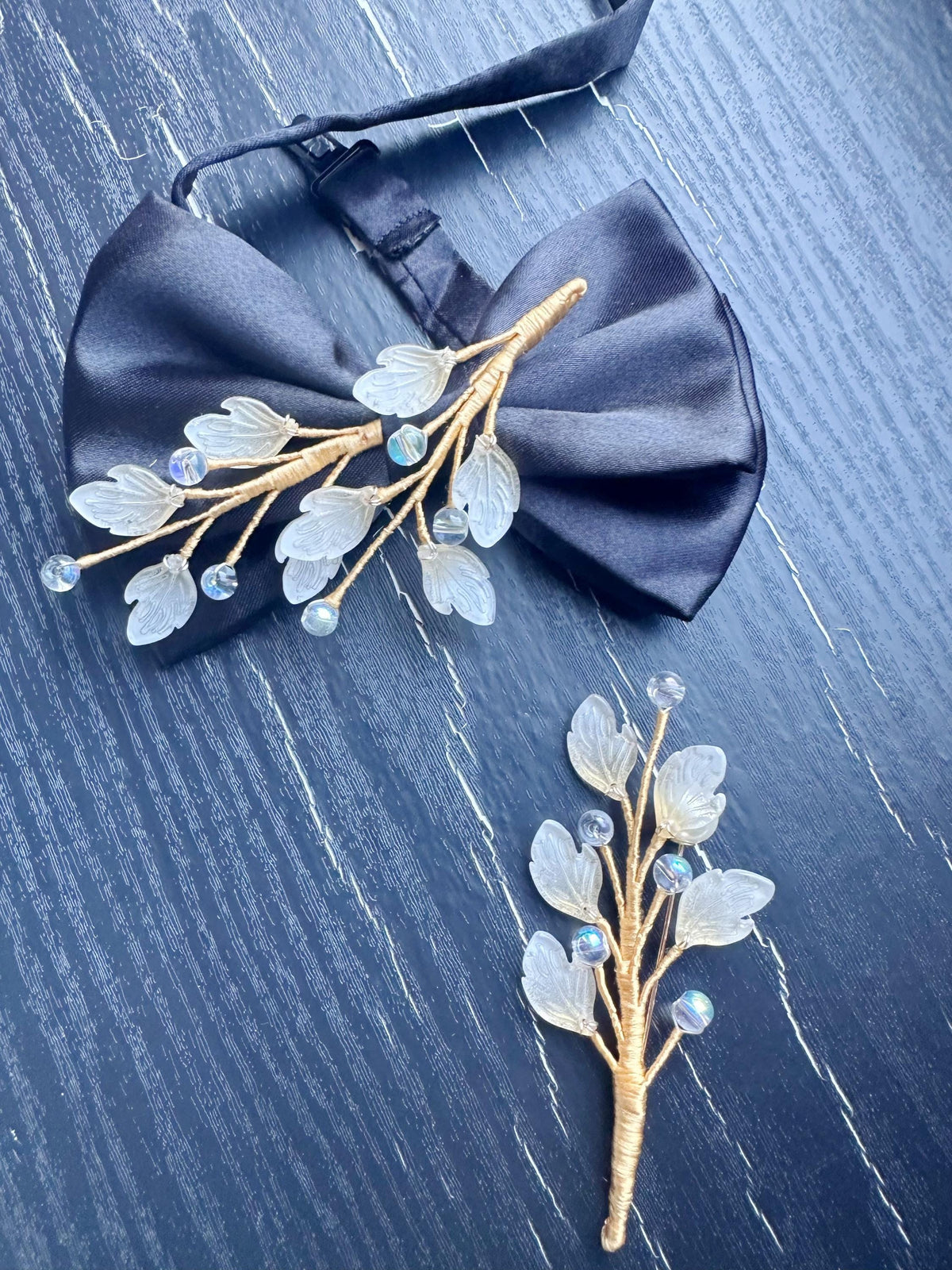 Handmade Bow Tie and brooch set for Women, Men,Boys – Black Satin Bow Tie flowers Blossom Branch – Asian Inspired Wedding Formal Accessory