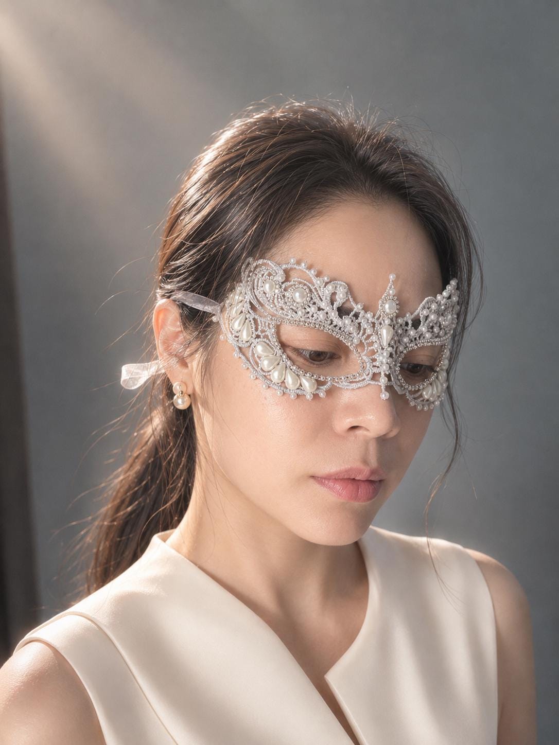 Gray color Lace Masquerade Mask, Embroidered Party Mask with white Resin Pearls and rhinestone, party mask