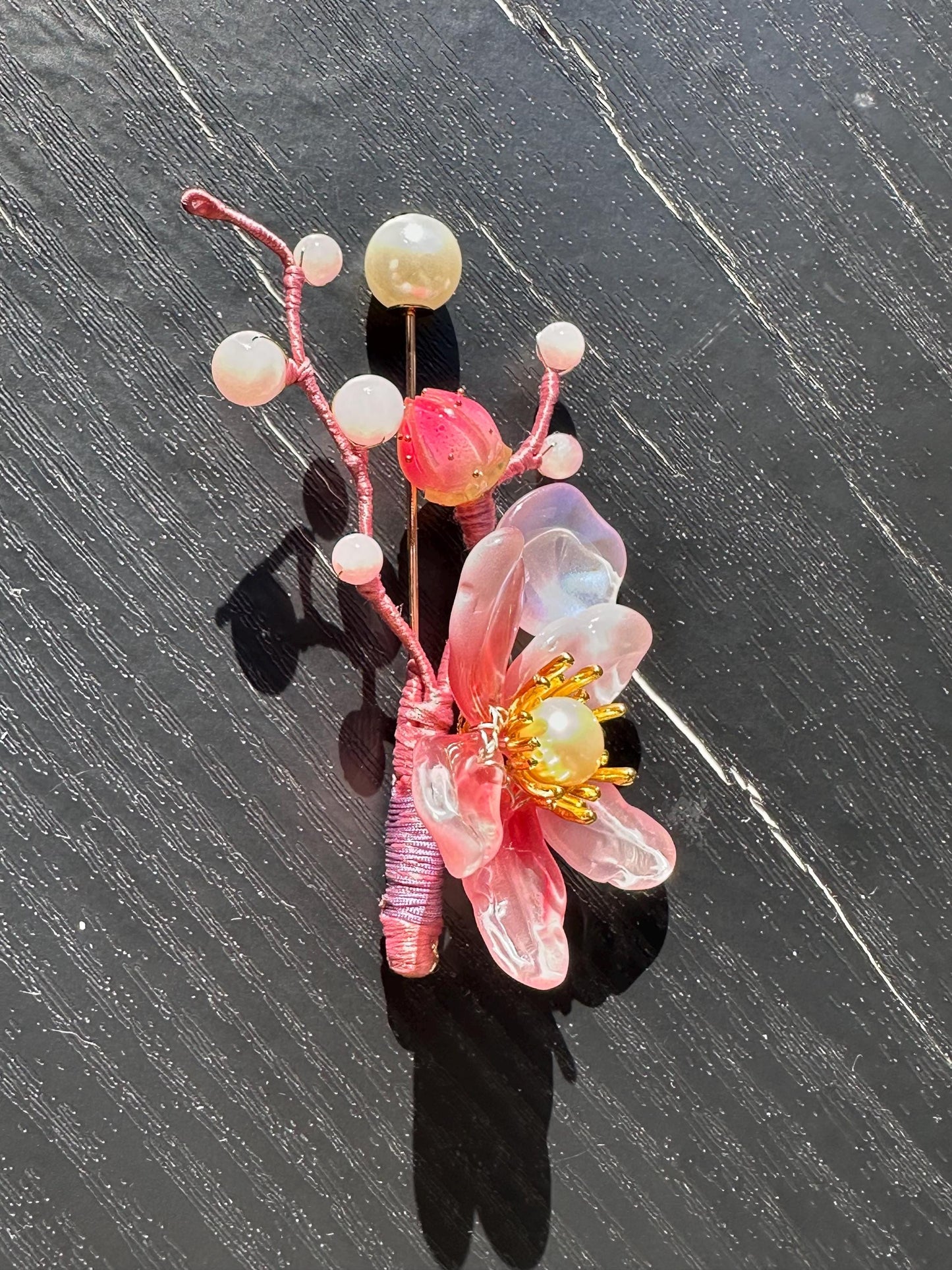 Handmade  brooch, pink color acrylic beads and gemstone beads with silk thread