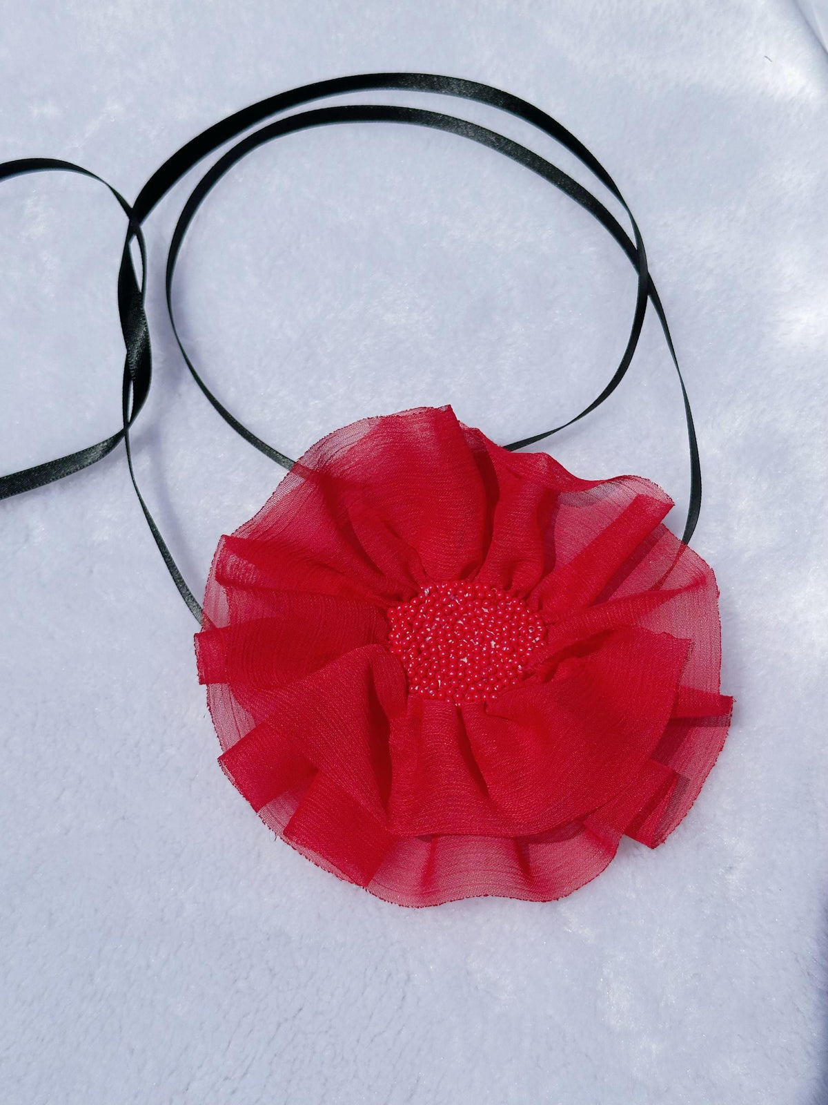 Handmade Red Ribbon Flower Choker, Vintage Necklace