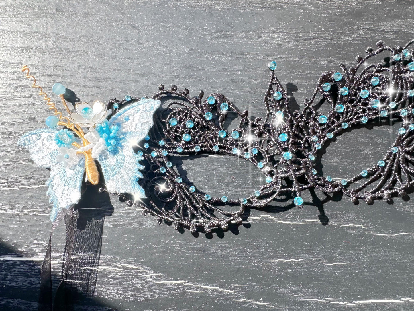 One of a Kind Blue Butterfly Mask, Handmade Black Lace Masquerade Mask, Venetian Eye Mask with Blue color Rhinestones