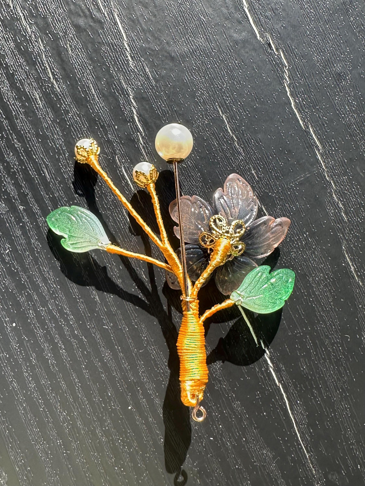 Handmade  brooch, gary color acrylic beads and gemstone beads with silk thread
