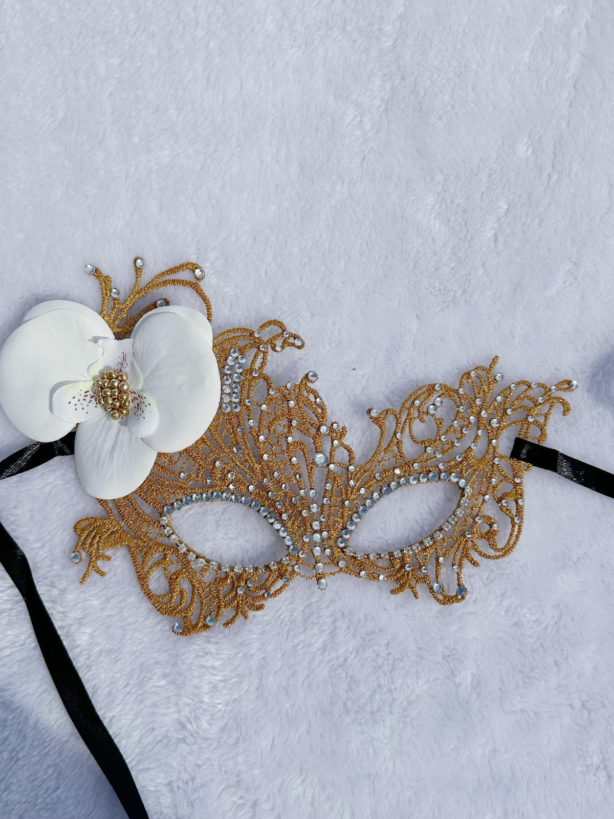 Lace Rhinestone Masquerade Mask, Gold Orchid Flower